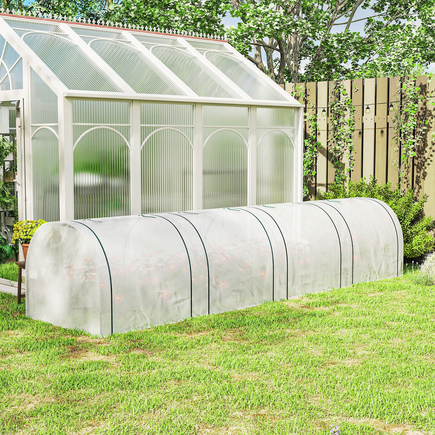 Outsunny 395 By 100 Cm Low Tunnel Greenhouse White With Powder Coated Steel Frame And PE Cover