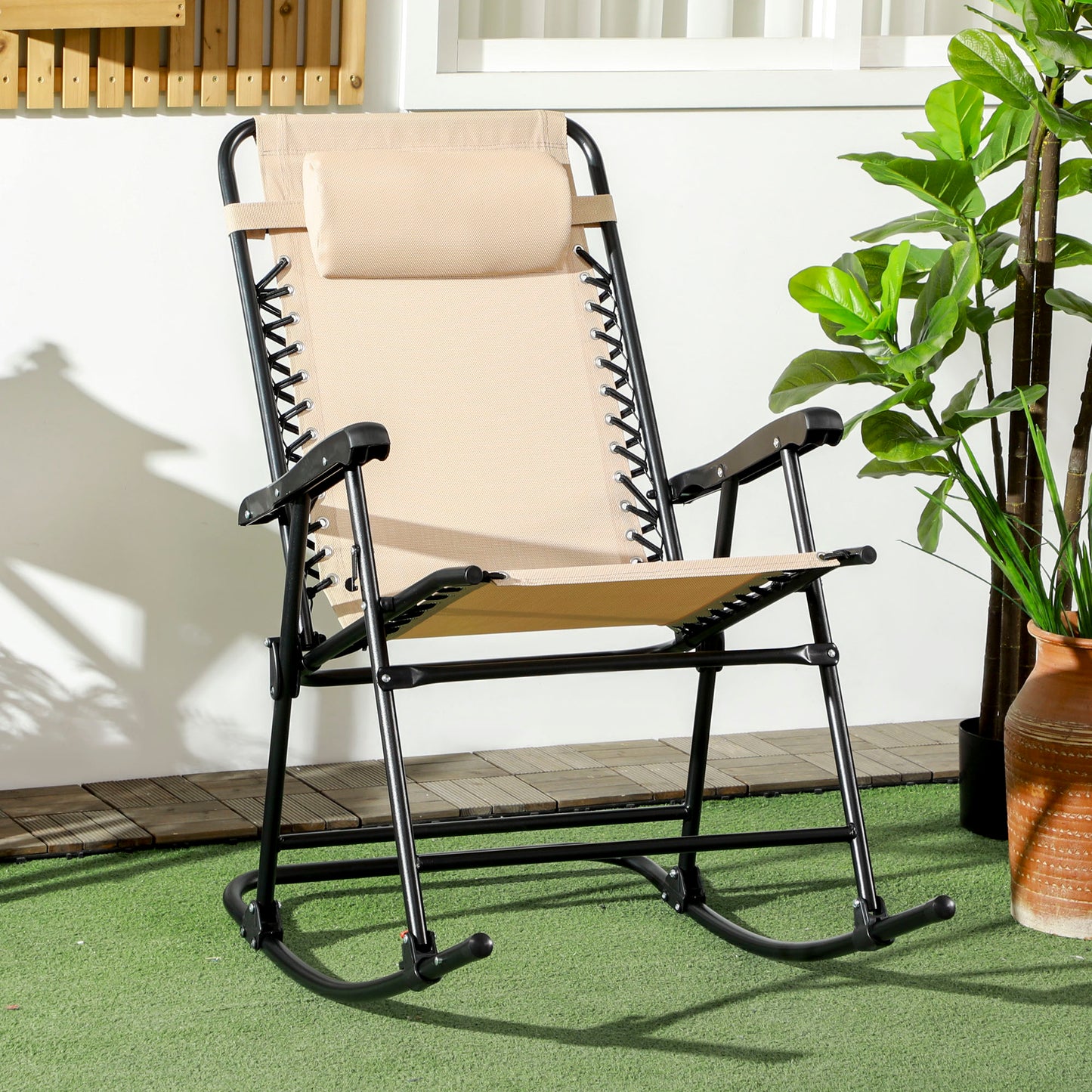 Outsunny Portable Beige Zero Gravity Rocking Chair with Ergonomic Design and Headrest for Outdoor Relaxation - ALL4U RETAILER LTD