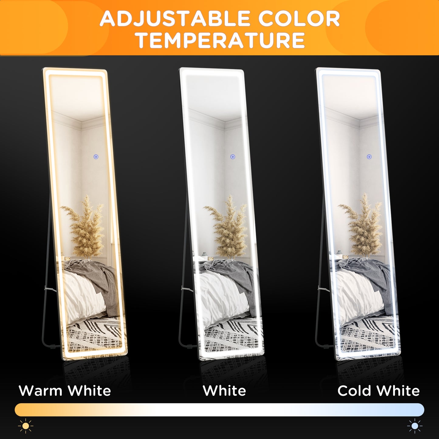 HOMCOM Full Length Mirror 160x40 Cm With LED Lights And Remote Dimmable 3 Color Modes Wall Mounted Or Freestanding Black