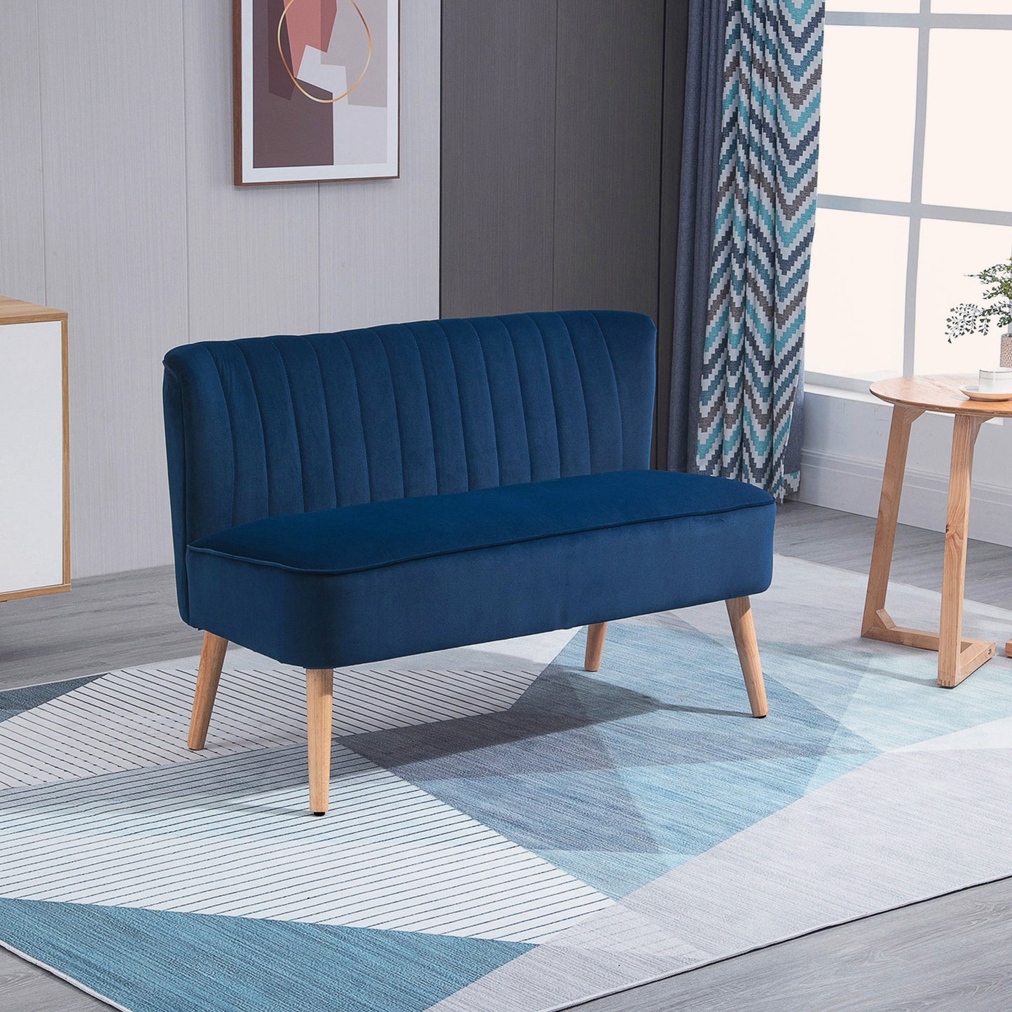 HOMCOM Modern Two Seater Sofa Foam Padding High Back Velvet Upholstery For Home Office Dark Blue