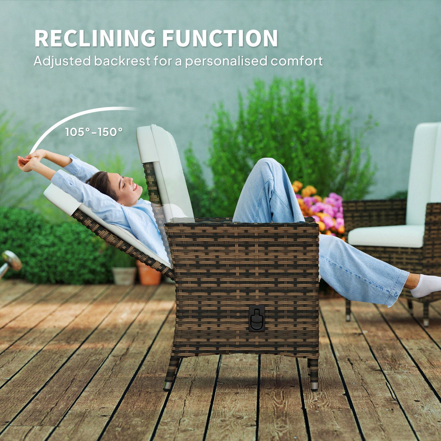 Outsunny Cream Reclining Rattan Chair With Adjustable Back 105 To 150 Degrees Cushioned Seat
