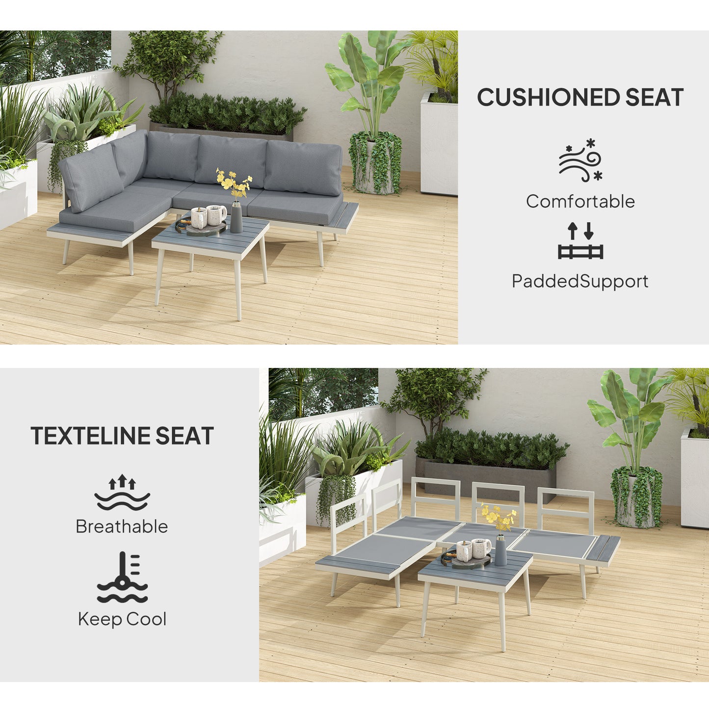 Outsunny 3 Piece Garden Furniture Set With 5 Level Adjustable Lounger And L Shaped Corner Sofa Cushions Table Grey