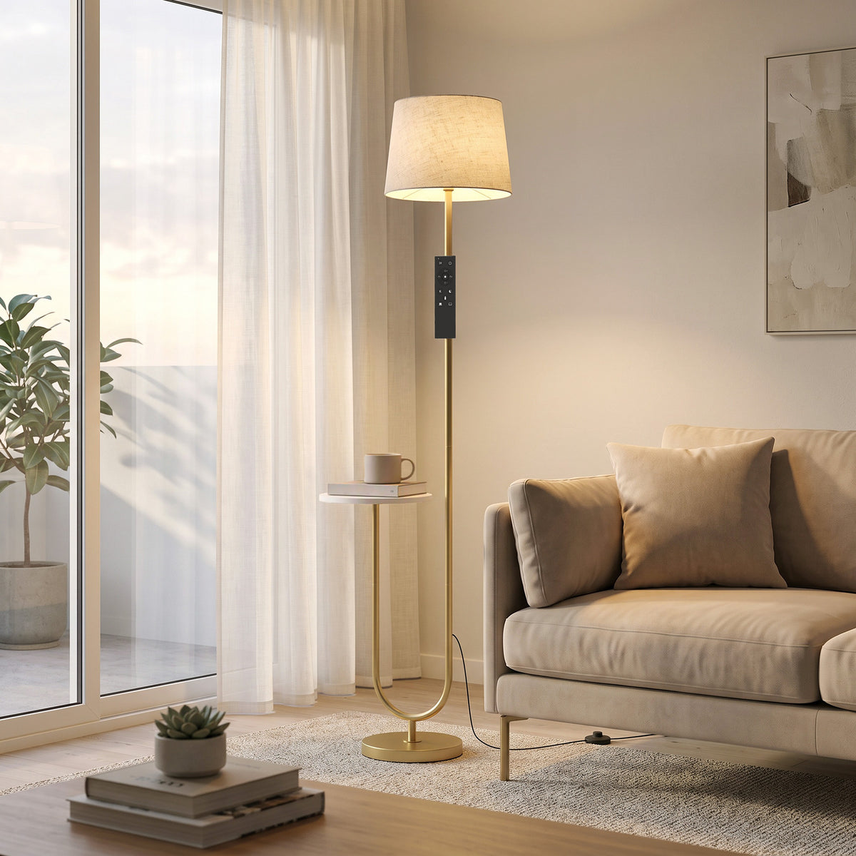 Dimmable floor lamp with linen shade, brass stand, and small top shelf