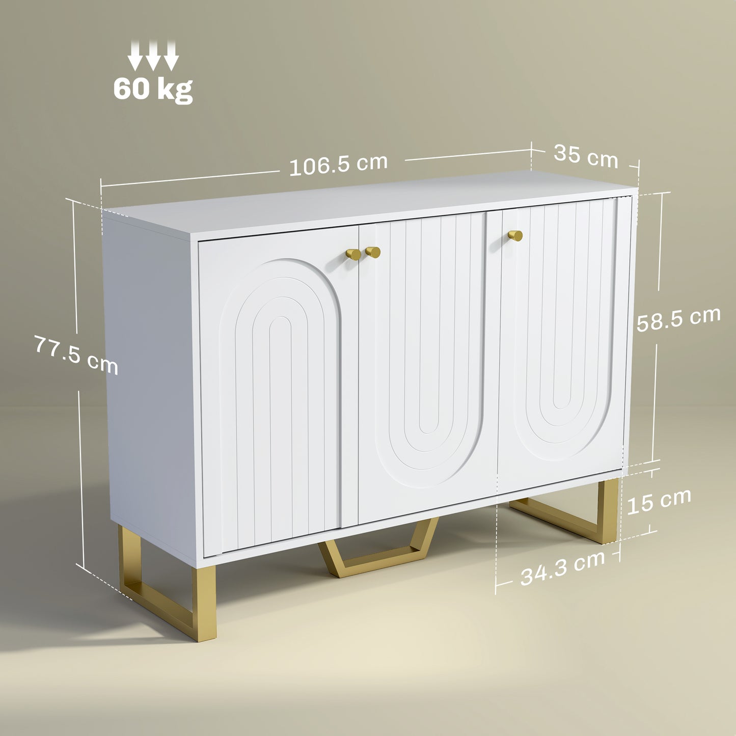 HOMCOM 3 Door Sideboard Storage Cabinet White With Adjustable Shelves Arched Doors And Gold Accents