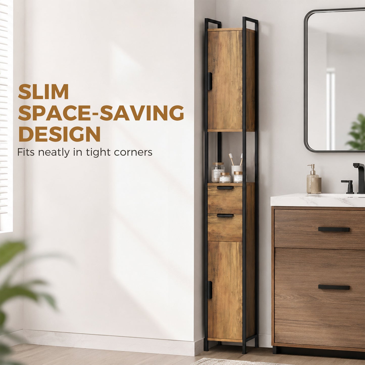 HOMCOM Tall Slim Freestanding Bathroom Cabinet With Drawers And Shelves Linen Storage Brown
