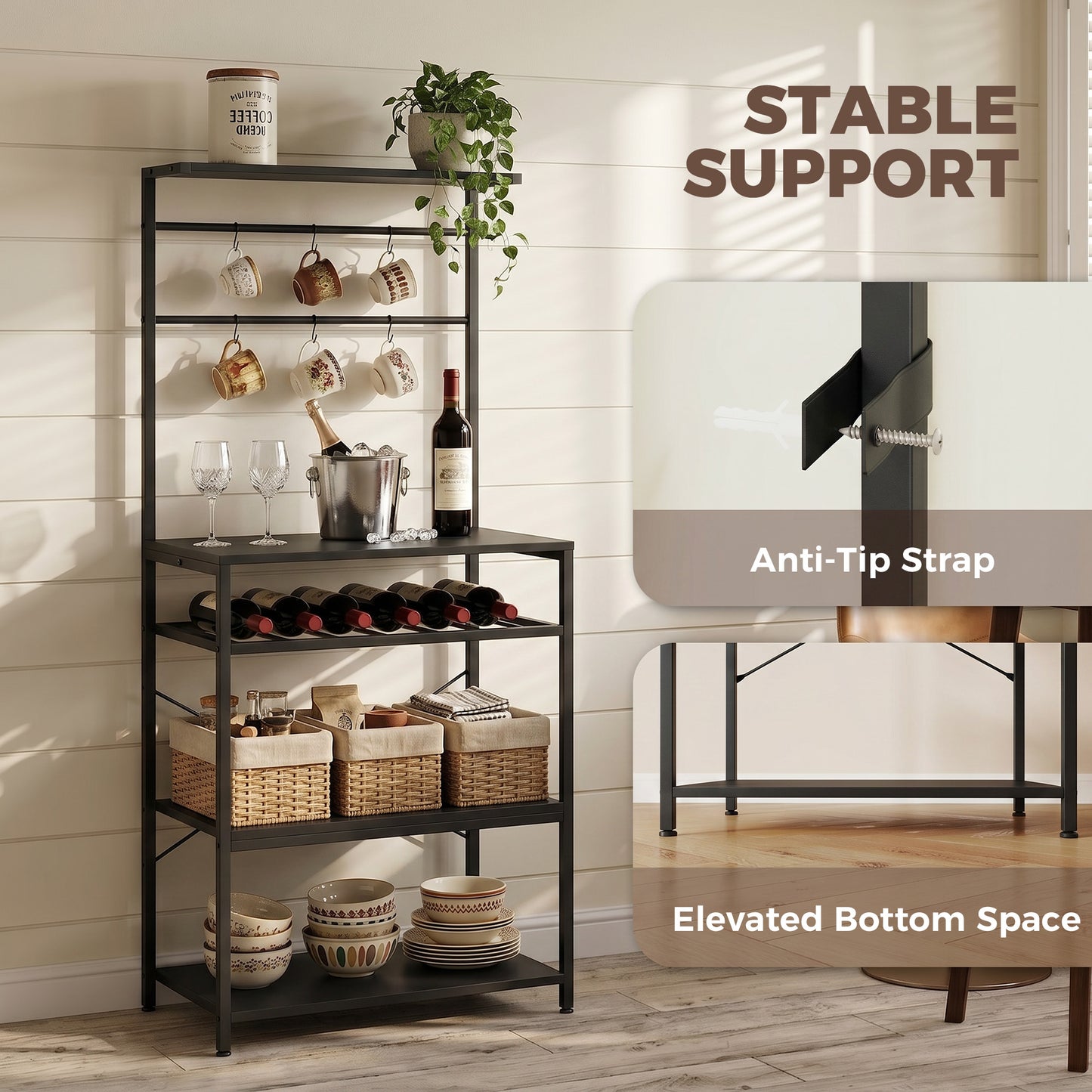 HOMCOM Freestanding Shelving Unit With Wine Rack And Six Hooks For Living Room Five Tier X Frame Design Black