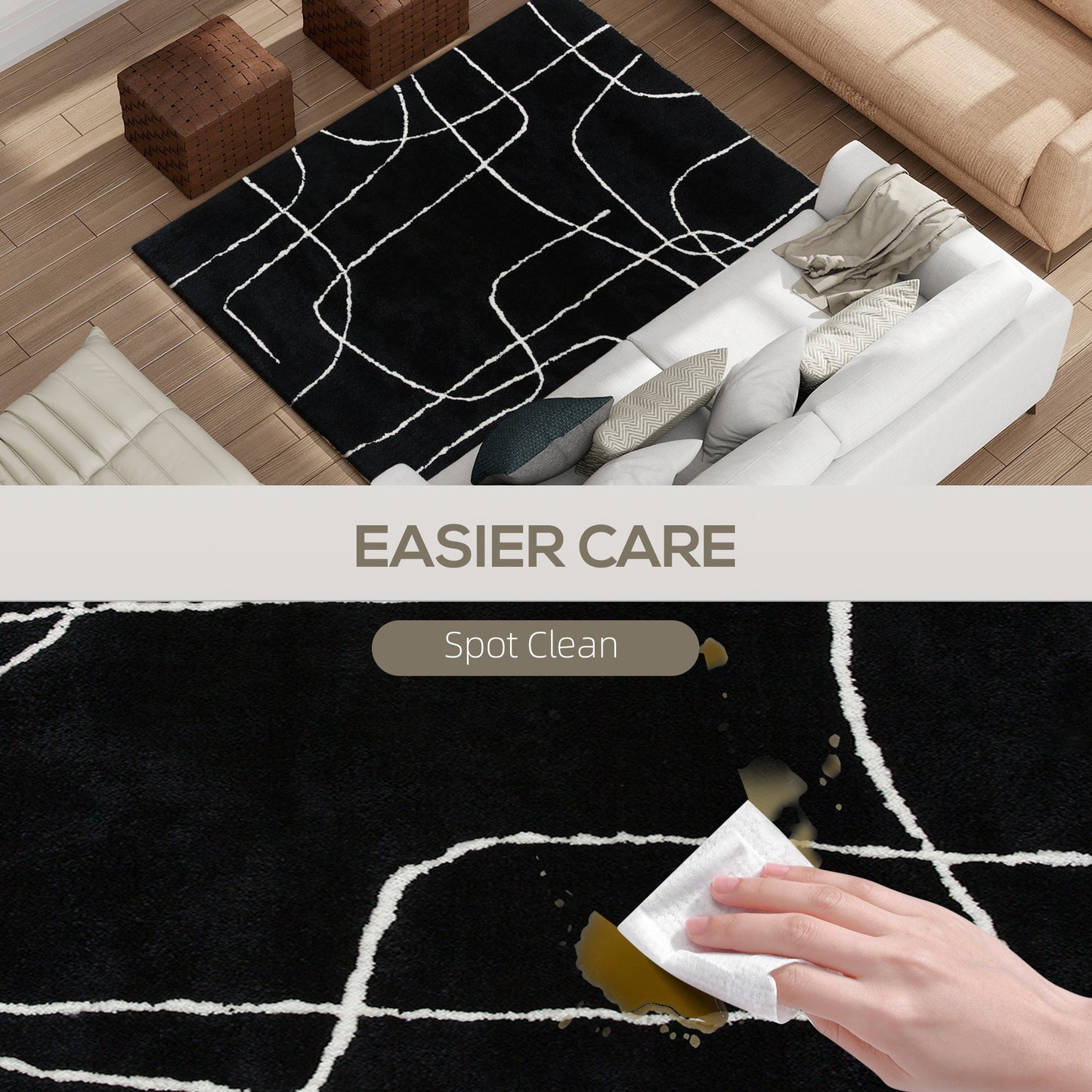 HOMCOM Modern Fluffy Area Rug With Geometric Pattern Washable Soft High Pile Carpet 170x120 cm Black