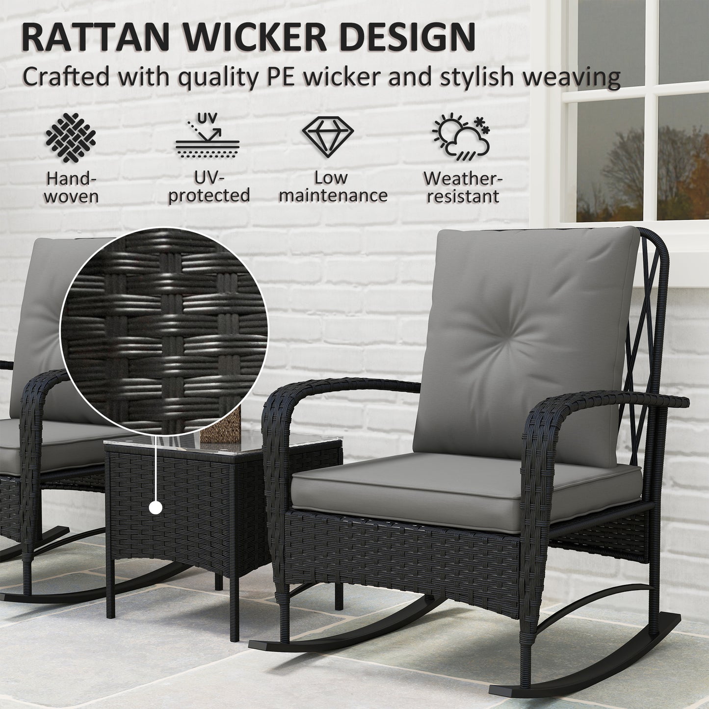 Outsunny Three Piece Rattan Bistro Set With Glass Top Table Two Rocking Chairs Black