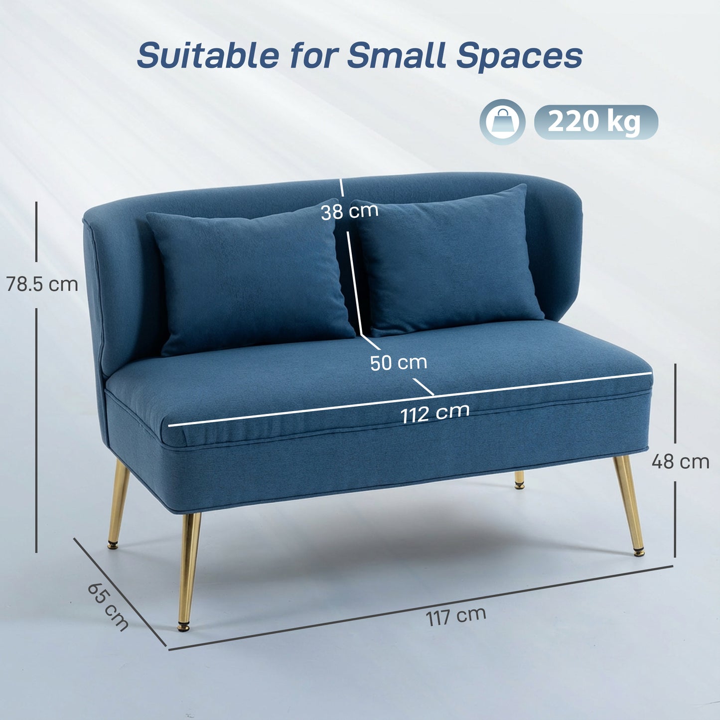 HOMCOM 2 Seater Sofa With Wing Back, Linen Look Fabric, Thick Cushioned Seat, Metal Legs, Dark Blue