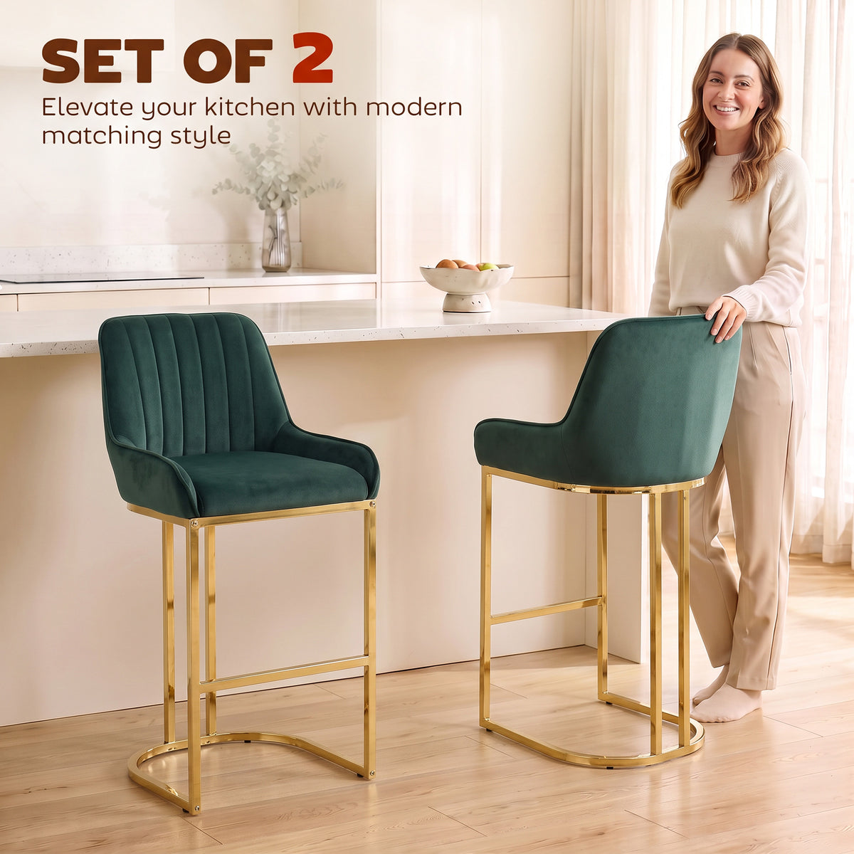 Set of two dark green velvet bar stools with backrests and polished gold frames