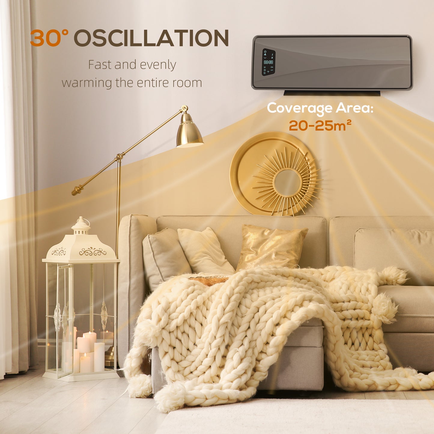 Homcom 2000W Ceramic Electric Heater With Fan Adjustable Thermostat Wall Mounted Grey