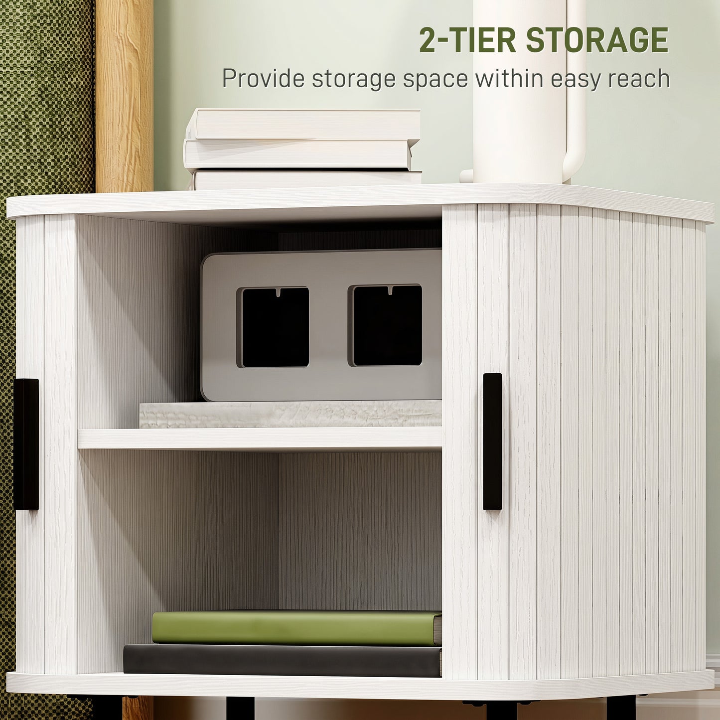 HOMCOM Nordic Design Nightstand With Sliding Doors And Metal Legs White Wood Effect