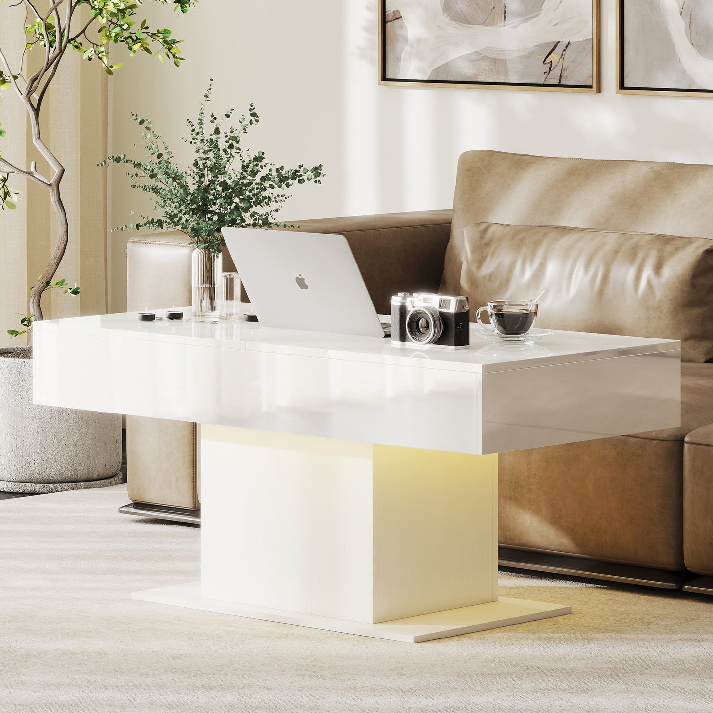 HOMCOM Extendable Coffee Table with LED Lights and Hidden Storage in High Gloss White
