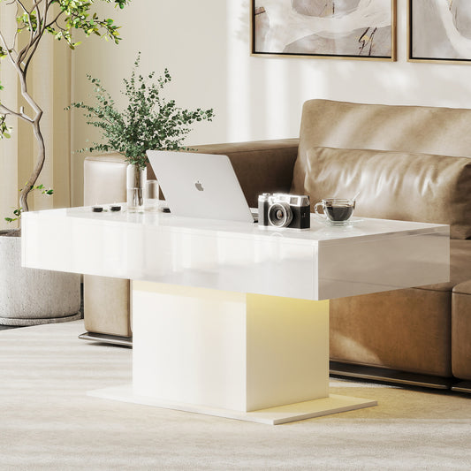 HOMCOM Extendable Coffee Table with LED Lights and Hidden Storage in High Gloss White
