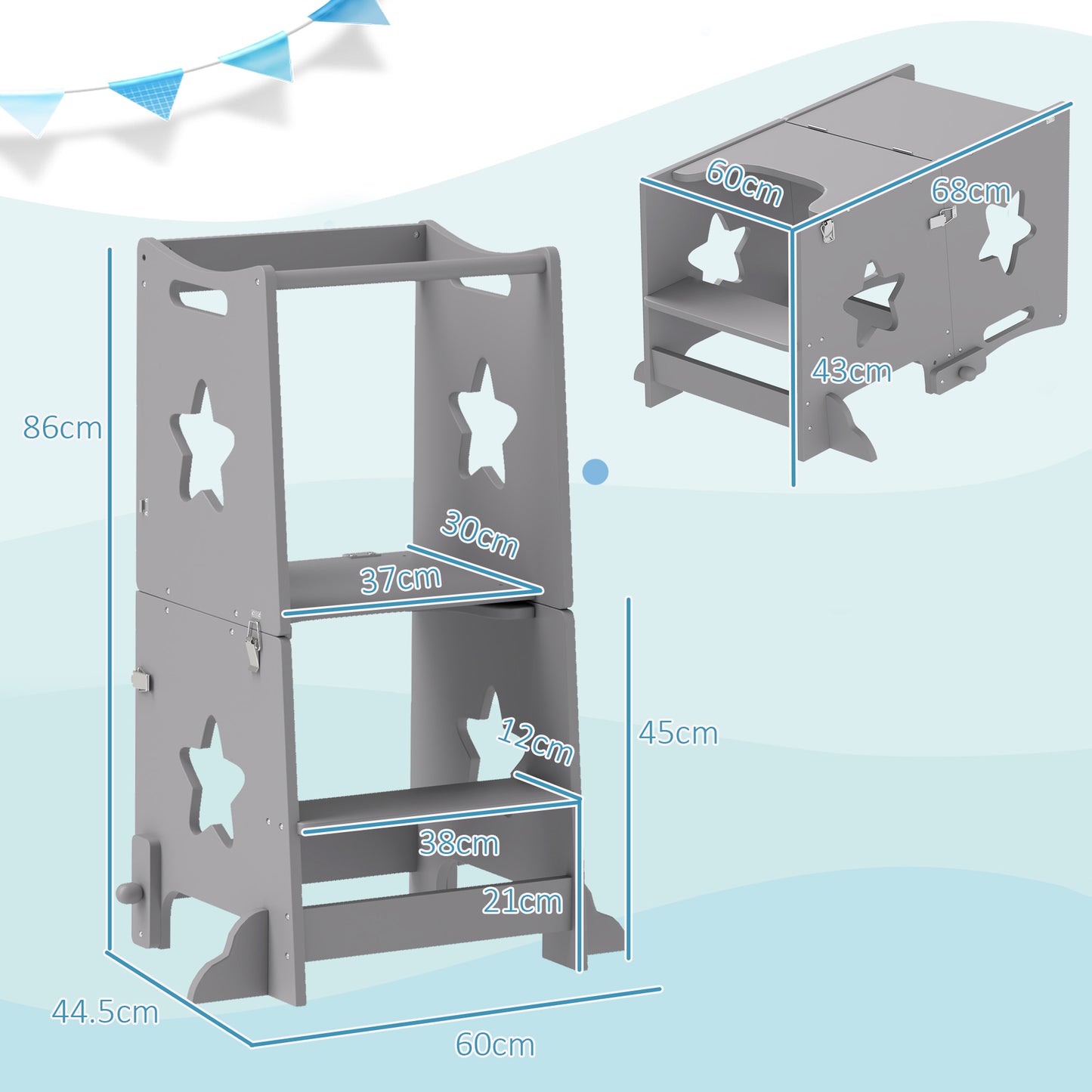 AIYAPLAY 2-In-1 Toddler Step Stool With Safety Rail For Kitchen And Bathroom Grey