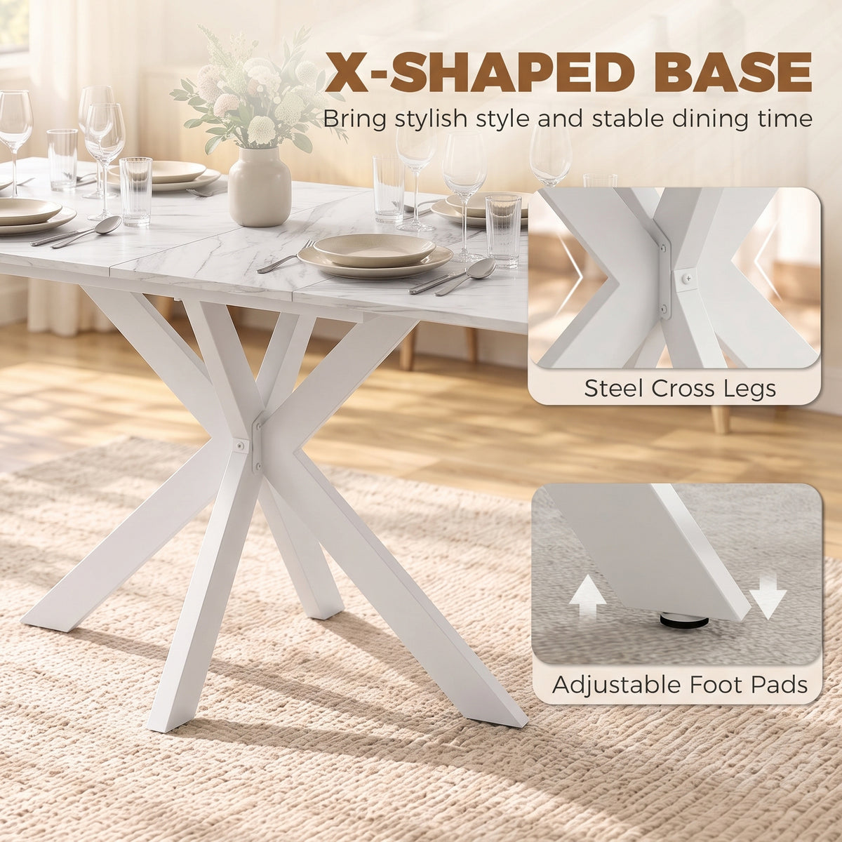 Extendable dining table base with white X-shaped legs and steel cross bracing