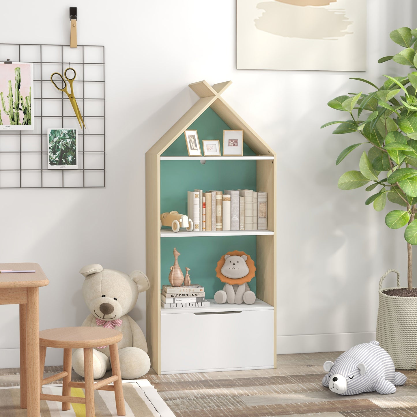 AIYAPLAY Green Kids Bookshelf with 3 Shelves and Drawer for Safe Book Storage - ALL4U RETAILER LTD