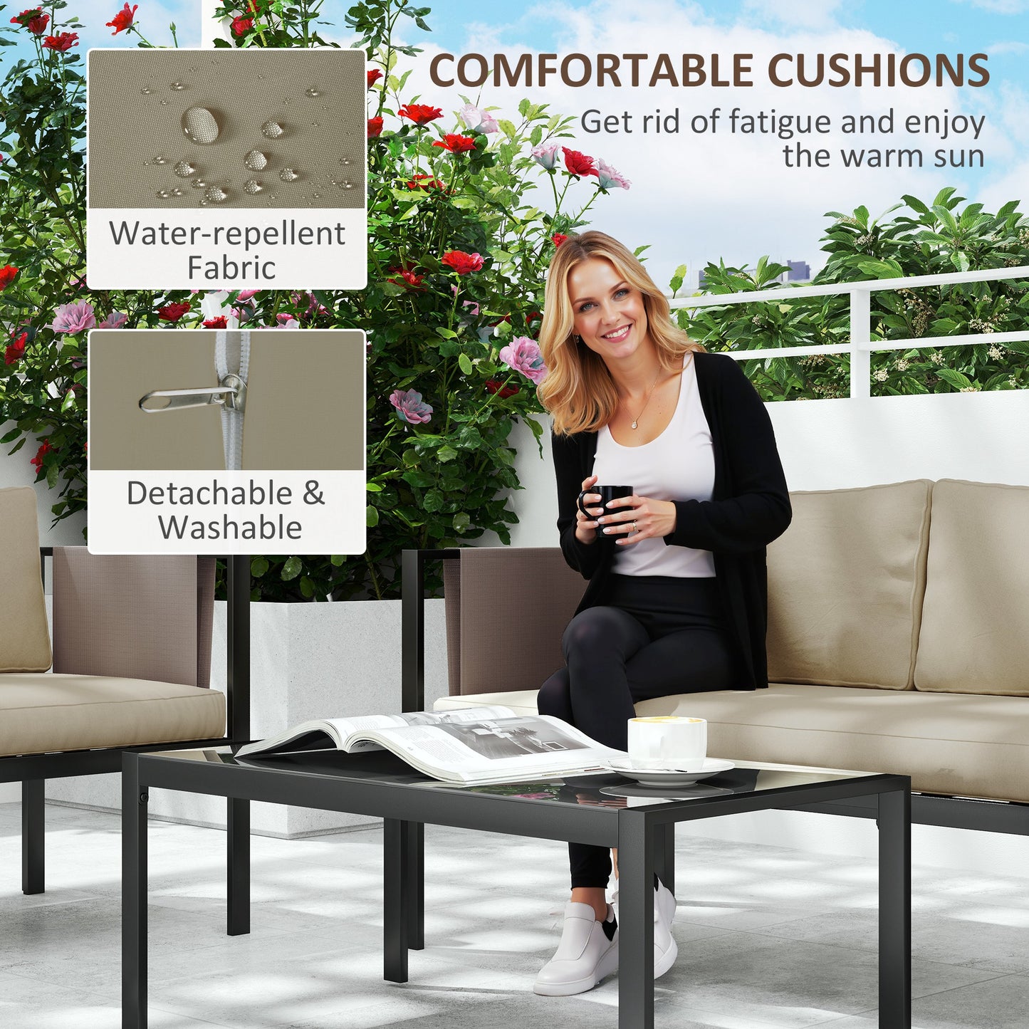 Outsunny 4 Piece Metal Garden Furniture Set With Tempered Glass Coffee Table And Cushioned Armchairs Khaki Outdoor