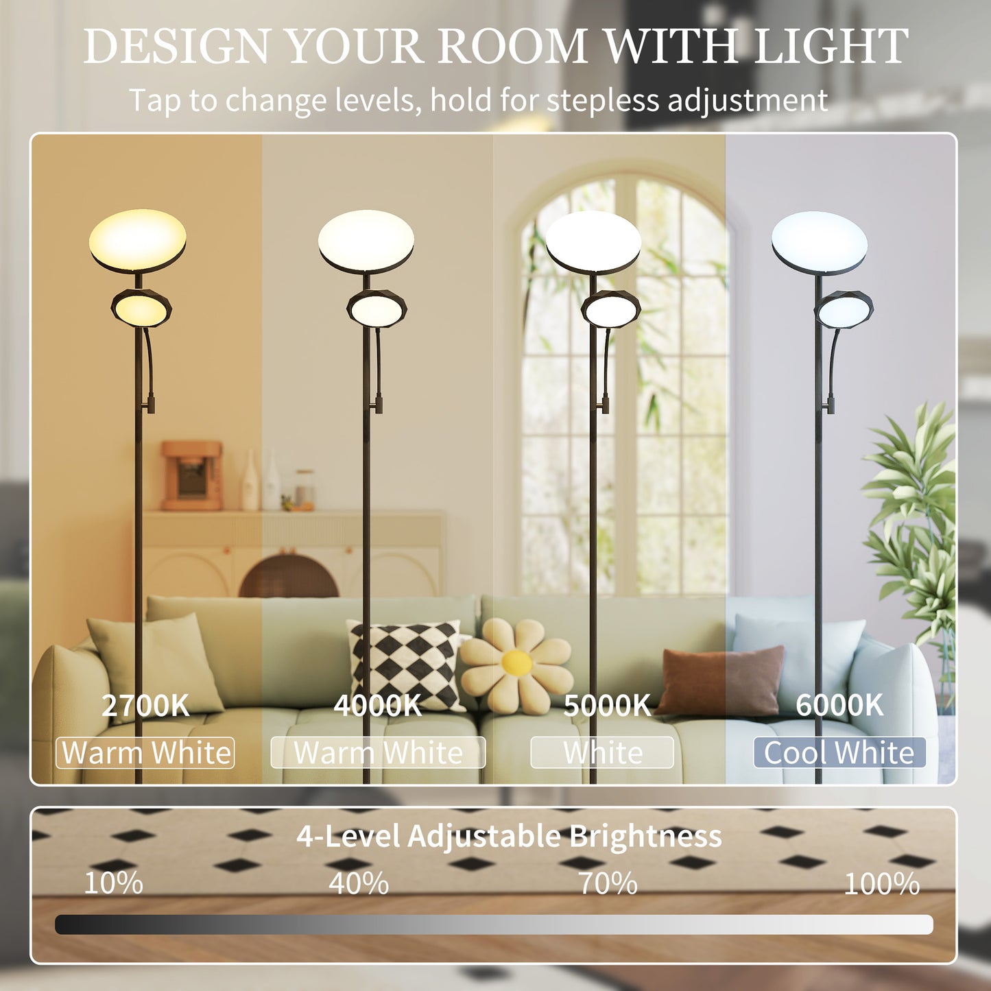 HOMCOM LED Floor Lamp Stepless Dimmable Uplighter With Reading Light 2700K To 6500K Color Temperature And Remote Control