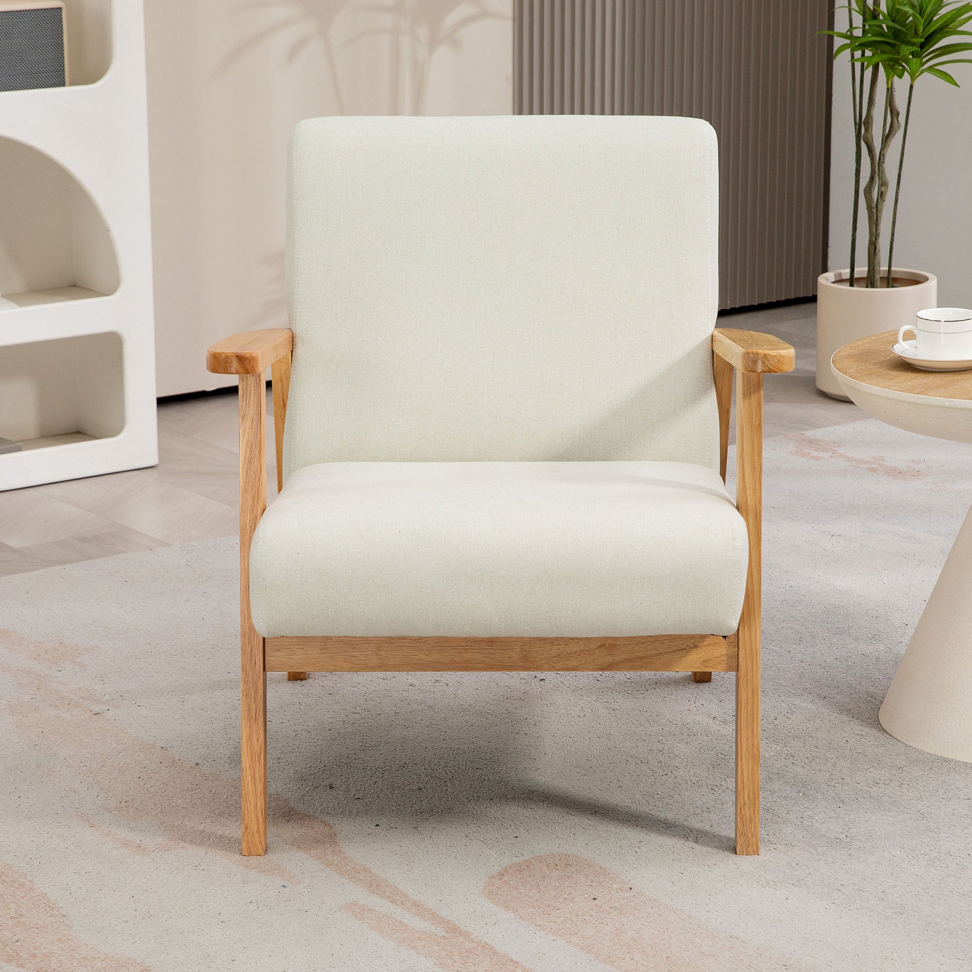 HOMCOM Retro Cream White Fabric Accent Chair with Rubber Wood Frame and Padded Cushion - ALL4U RETAILER LTD