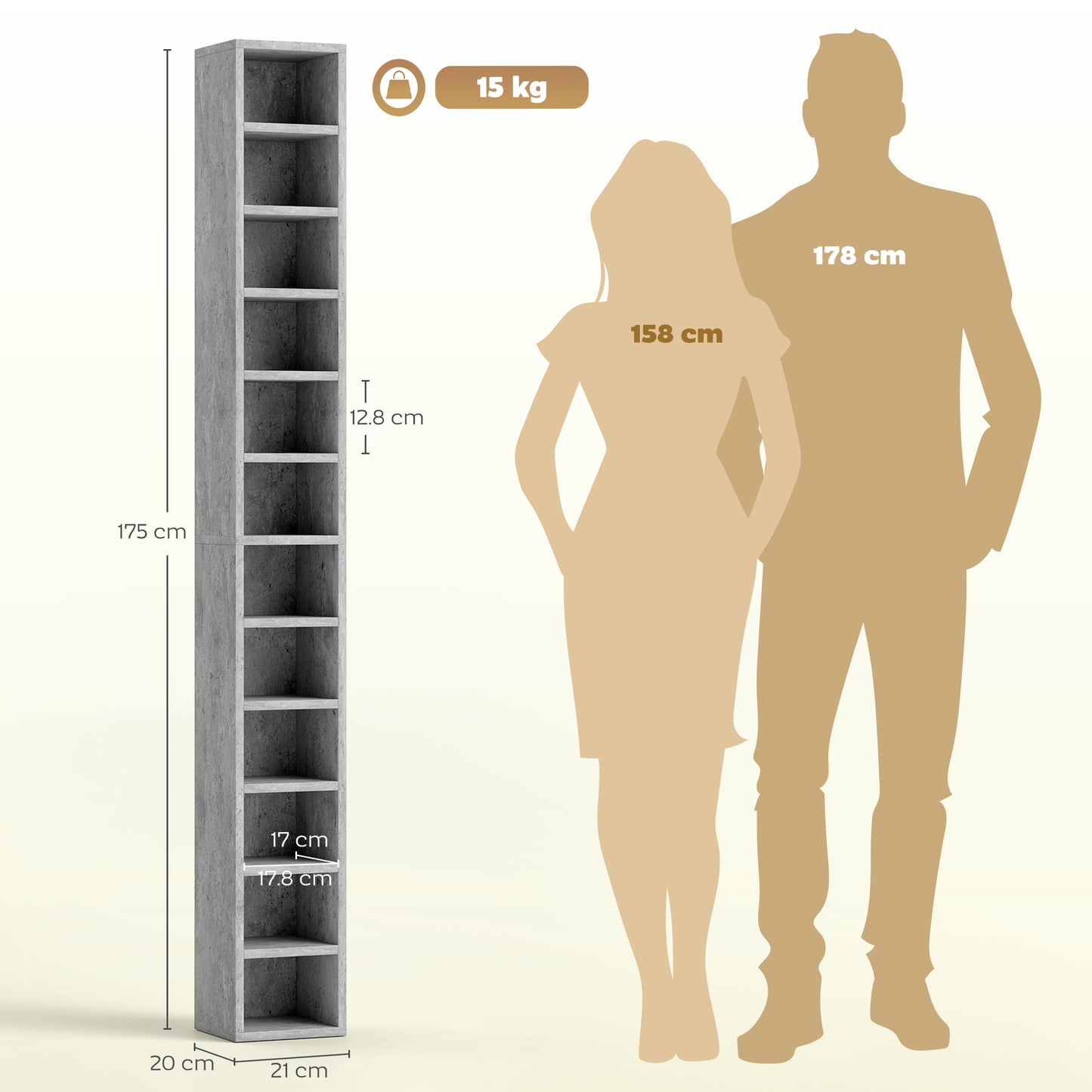 HOMCOM 204 CD Tall Narrow Media Storage Tower Cement Grey With Anti Tipping Design And Space Saving Slim Profile