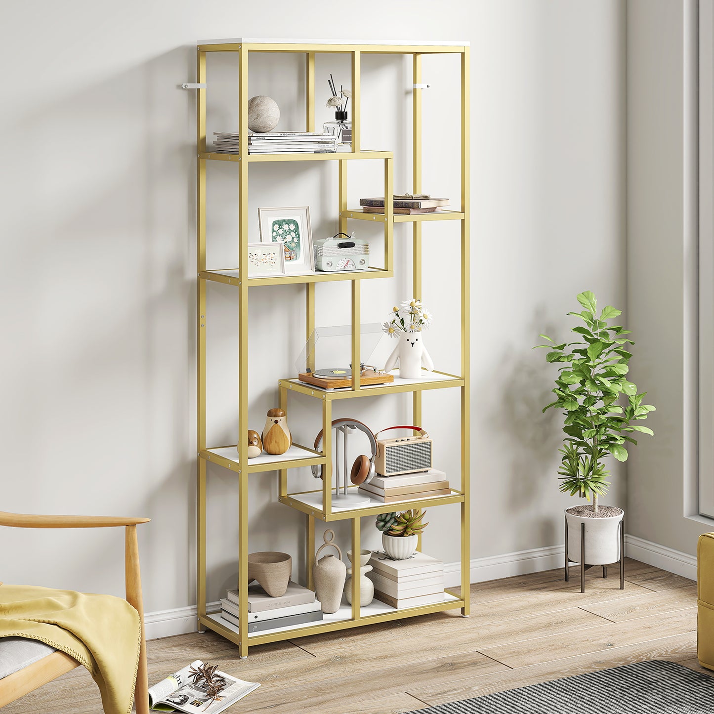 HOMCOM White And Gold Tone Seven Tier Geometric Bookcase With Sturdy Metal Frame