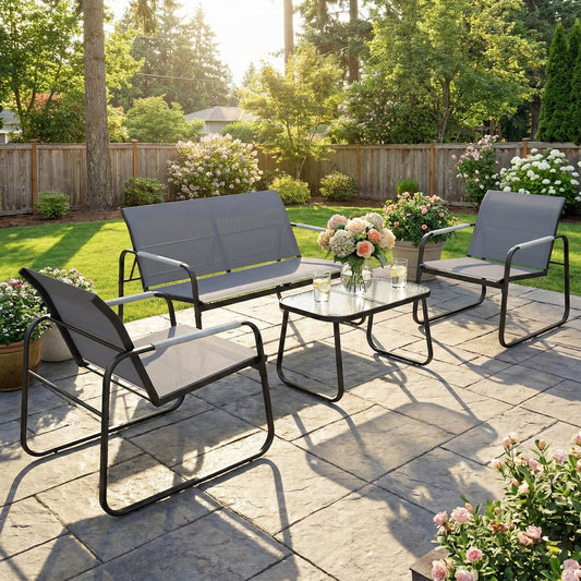 Outsunny 4 Piece Garden Furniture Set With Loveseat And Two Armchairs Grey Tempered Glass Coffee Table For Balcony