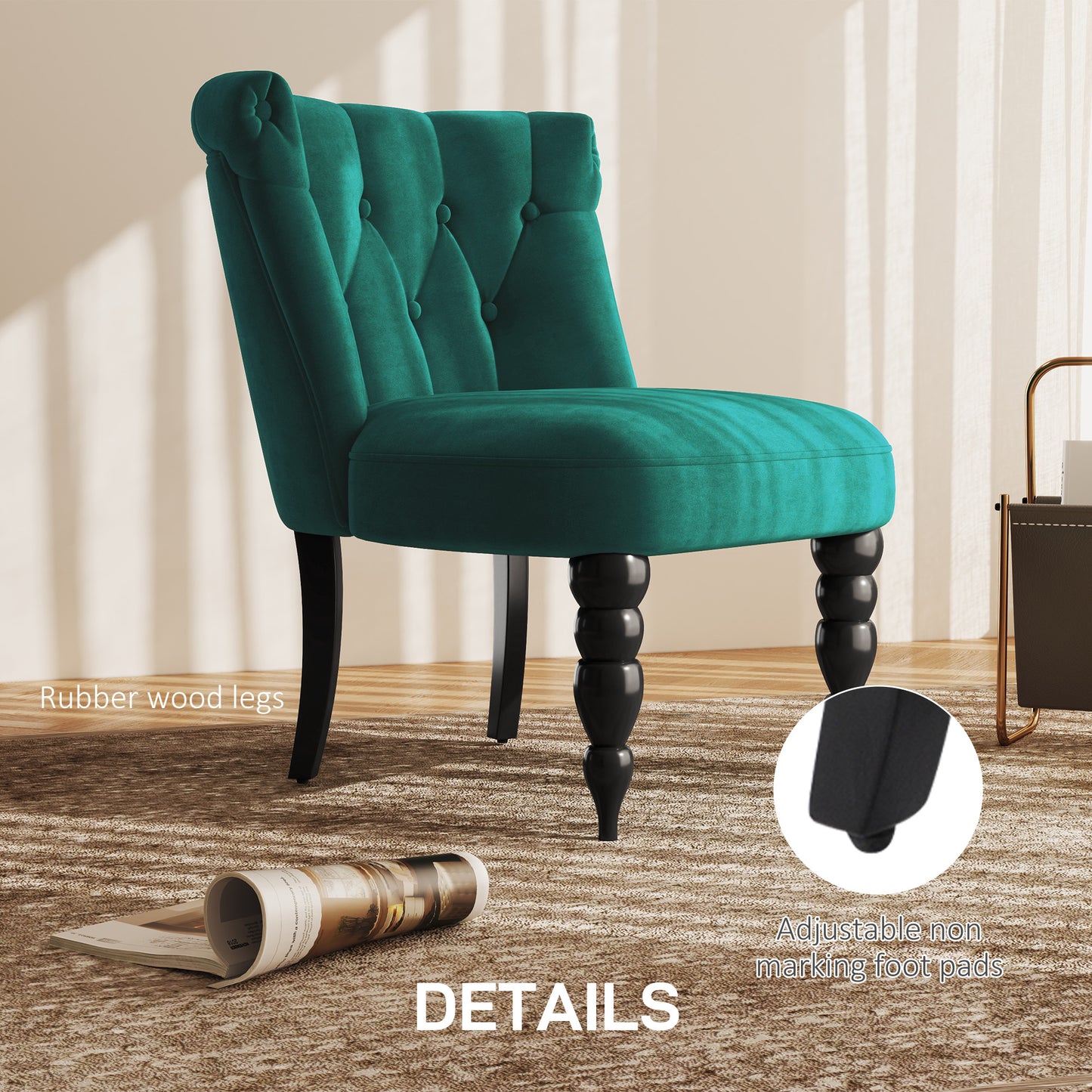 HOMCOM Velvet Accent Chairs Set Of 2 Button Tufted Wingback With Rubber Wood Legs Dark Green For Living Room And Bedroom