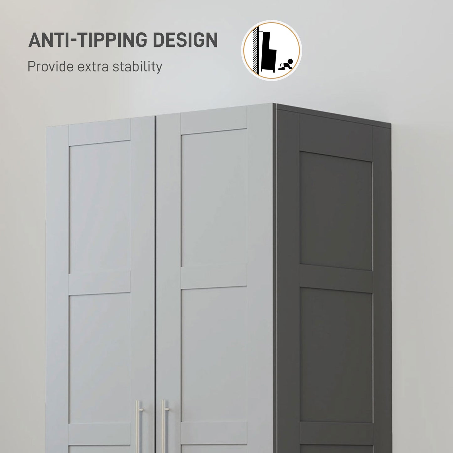 HOMCOM Double Paneled Door Wardrobe With Shelves Grey Soft Close Doors for Bedroom Storage