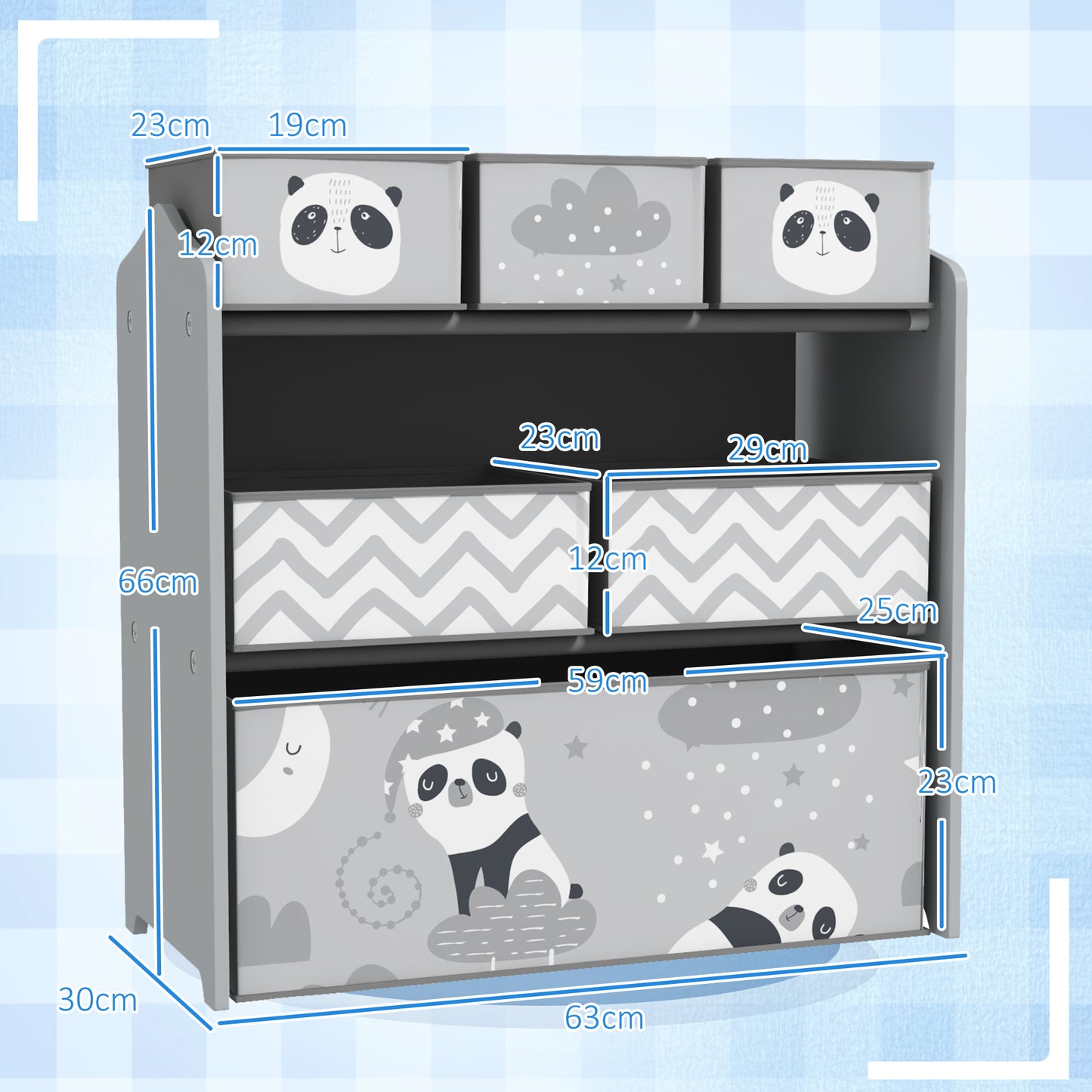 ZoneKiz Kids Storage Unit With Six Fabric Bins For Bedrooms Playrooms And Nurseries Grey