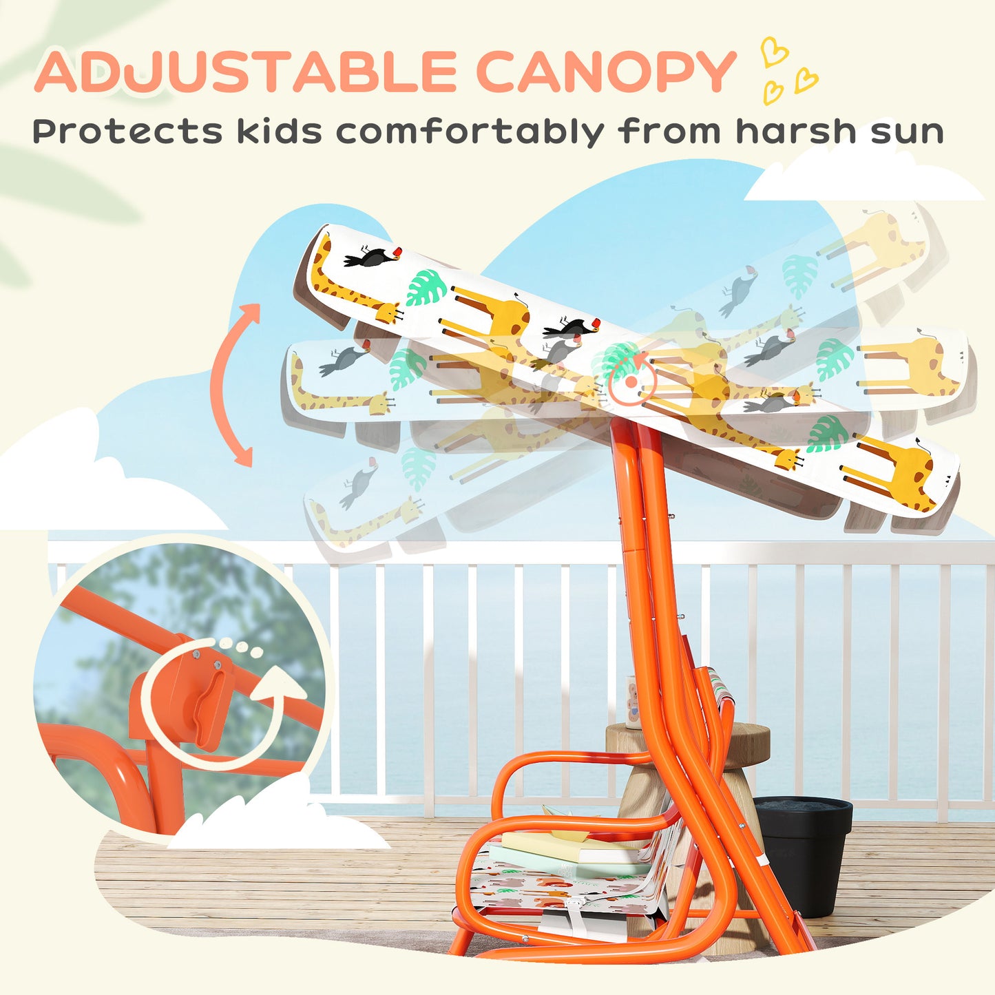 AIYAPLAY 2 Seater Kids Porch Swing With Adjustable Canopy And Seat Belts Outdoor Patio Bench Hammock Orange