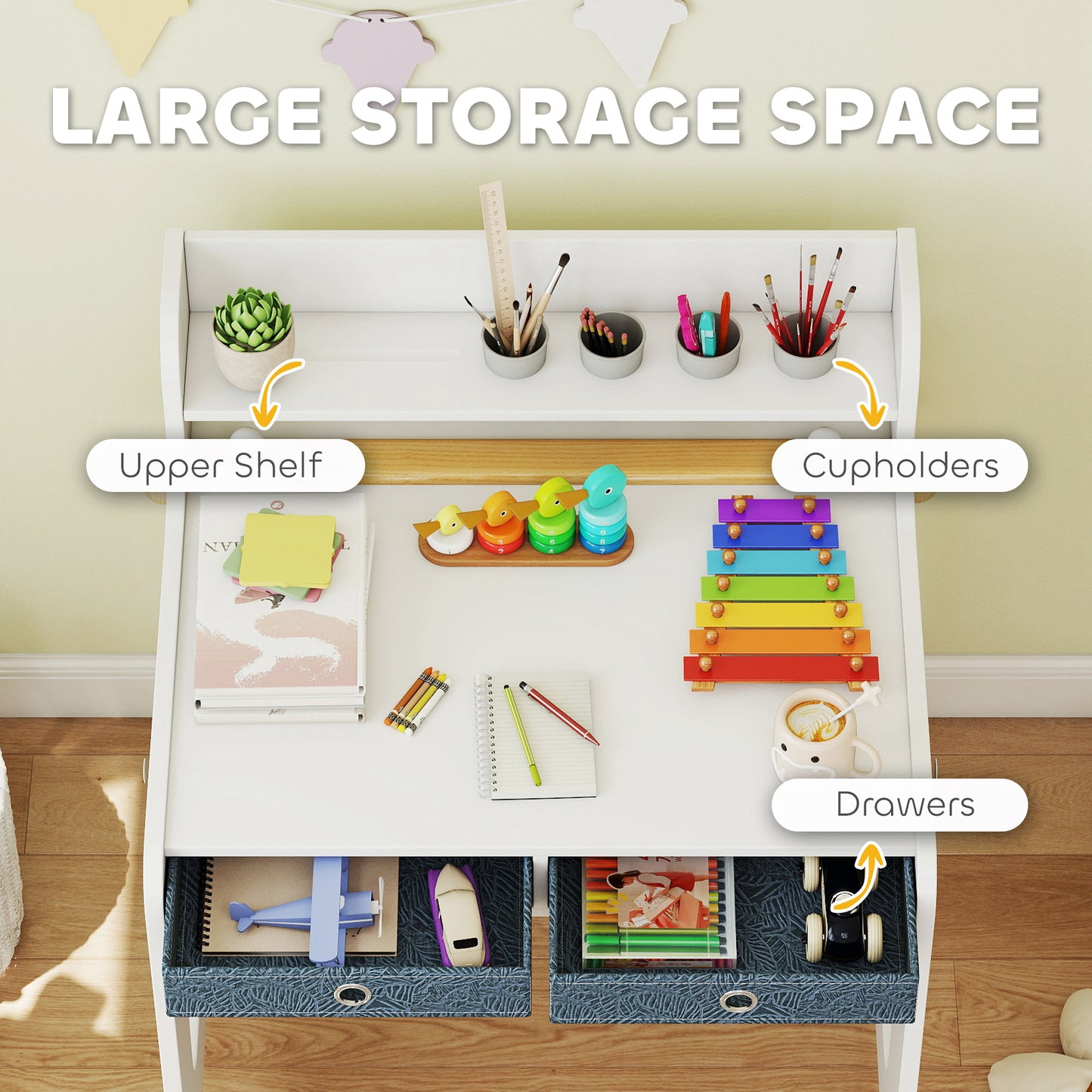 AIYAPLAY Kids Art Table and Chair Set with Storage Shelf and Drawers and Cupholders