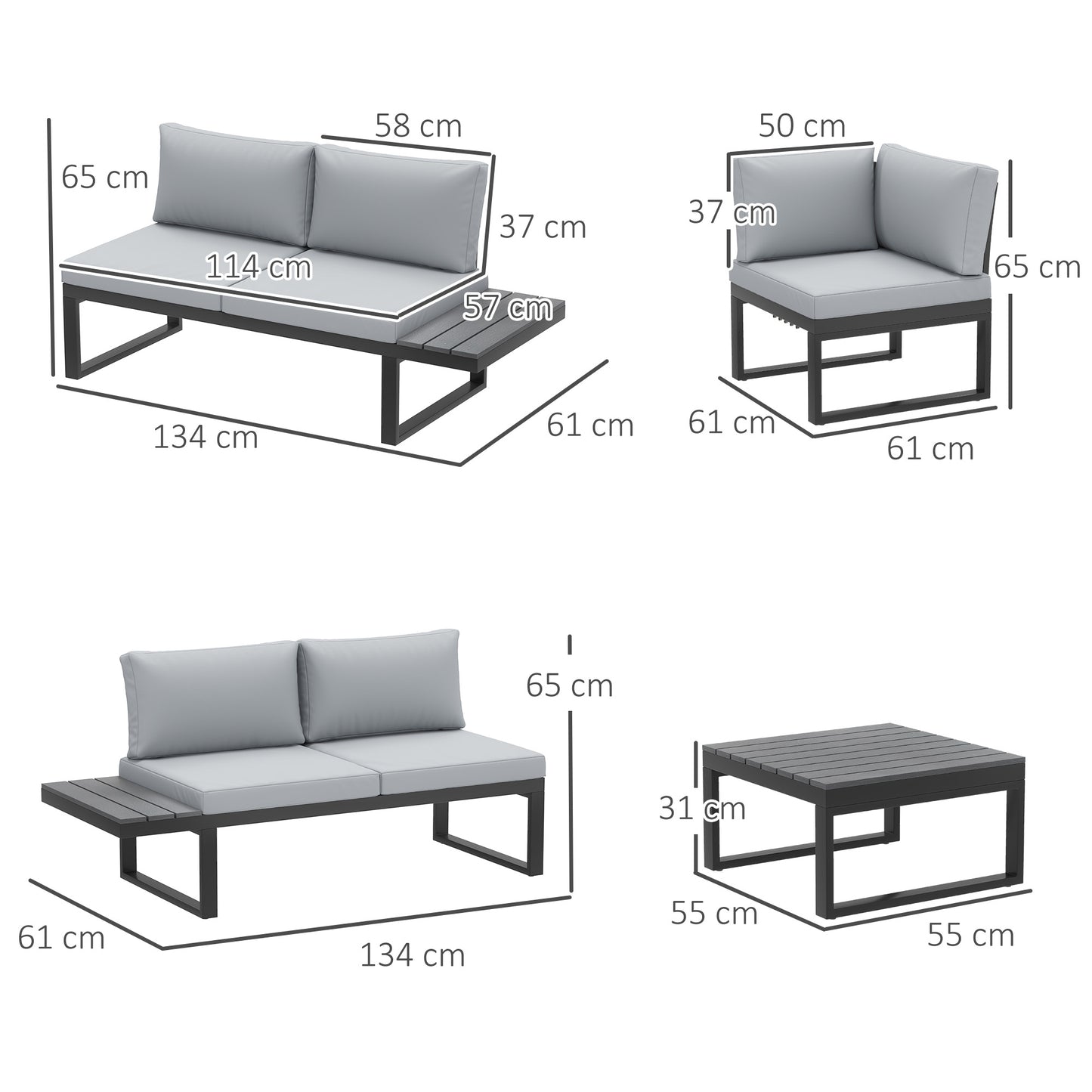 Outsunny 4 Piece Set With 5 Level Reclining Corner Sofa Cushions Wood Effect Table Black Frame Light Grey
