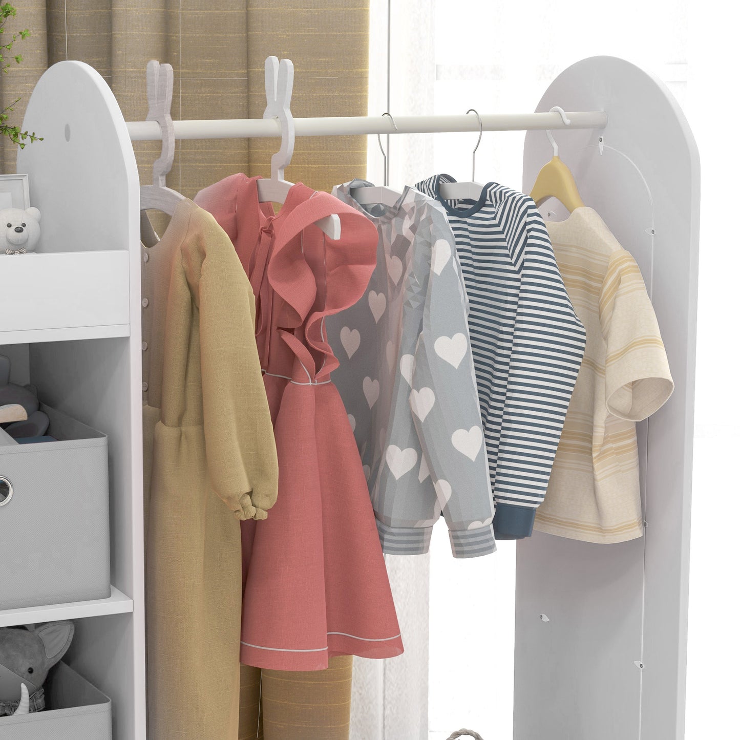 AIYAPLAY Kids Clothes Rail Wardrobe With Storage Shelf And Boxes Mirror For Bedroom And Nursery White