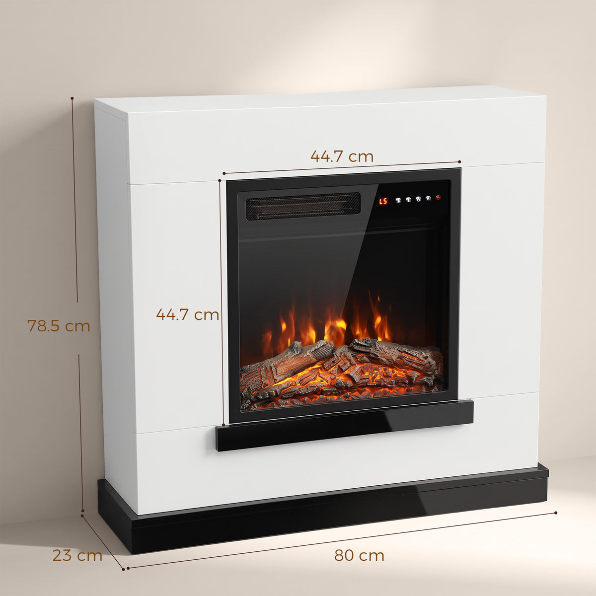 White electric fireplace console, front panel with flame window and black base trim