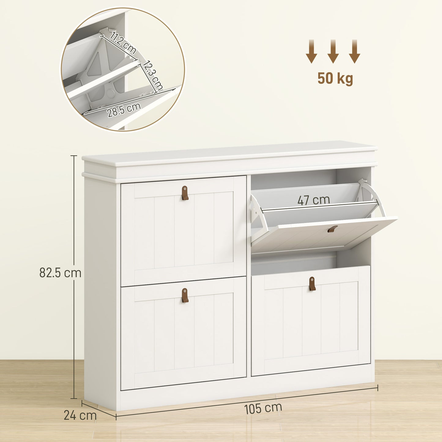 HOMCOM Slim Shoe Cabinet With Four Drop Down Doors Adjustable Shelves Anti Tip Design White