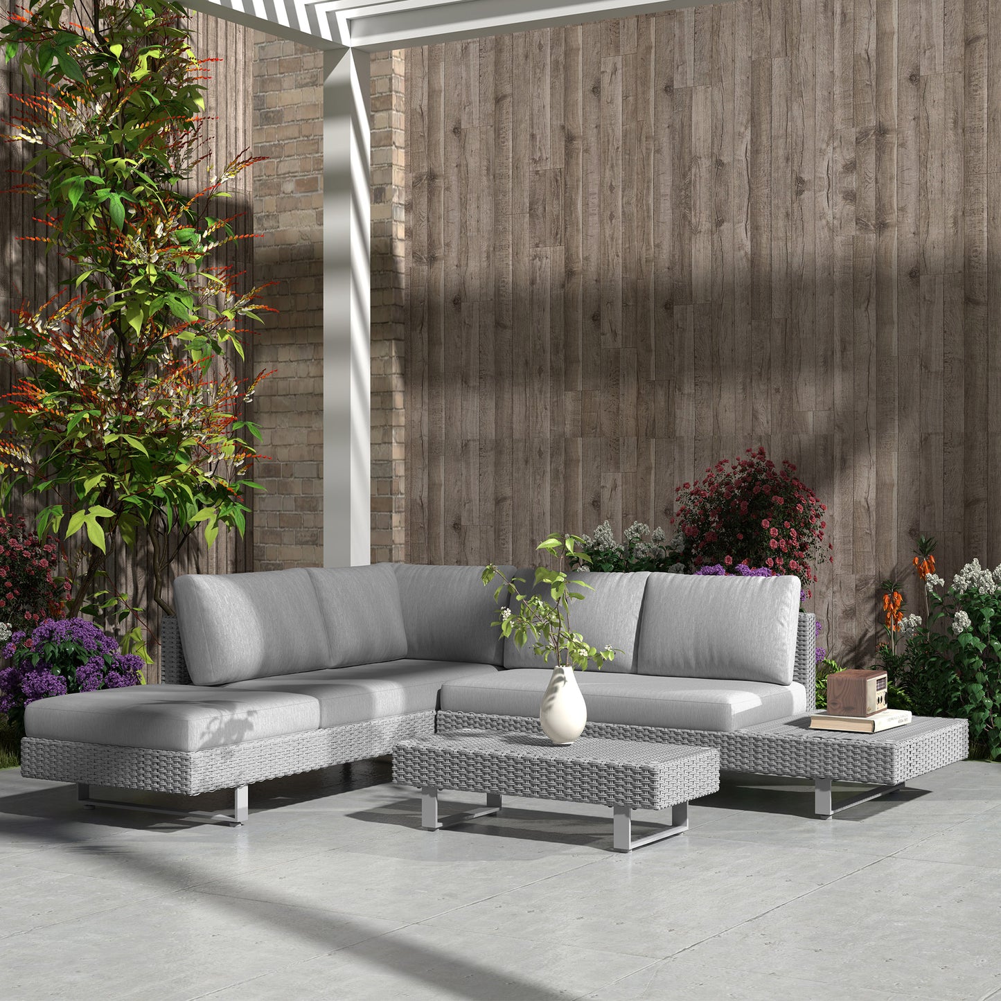 Outsunny Three Piece Rattan Sofa Set With Cushions And Table Light Grey Weather Resistant Outdoor Garden Furniture