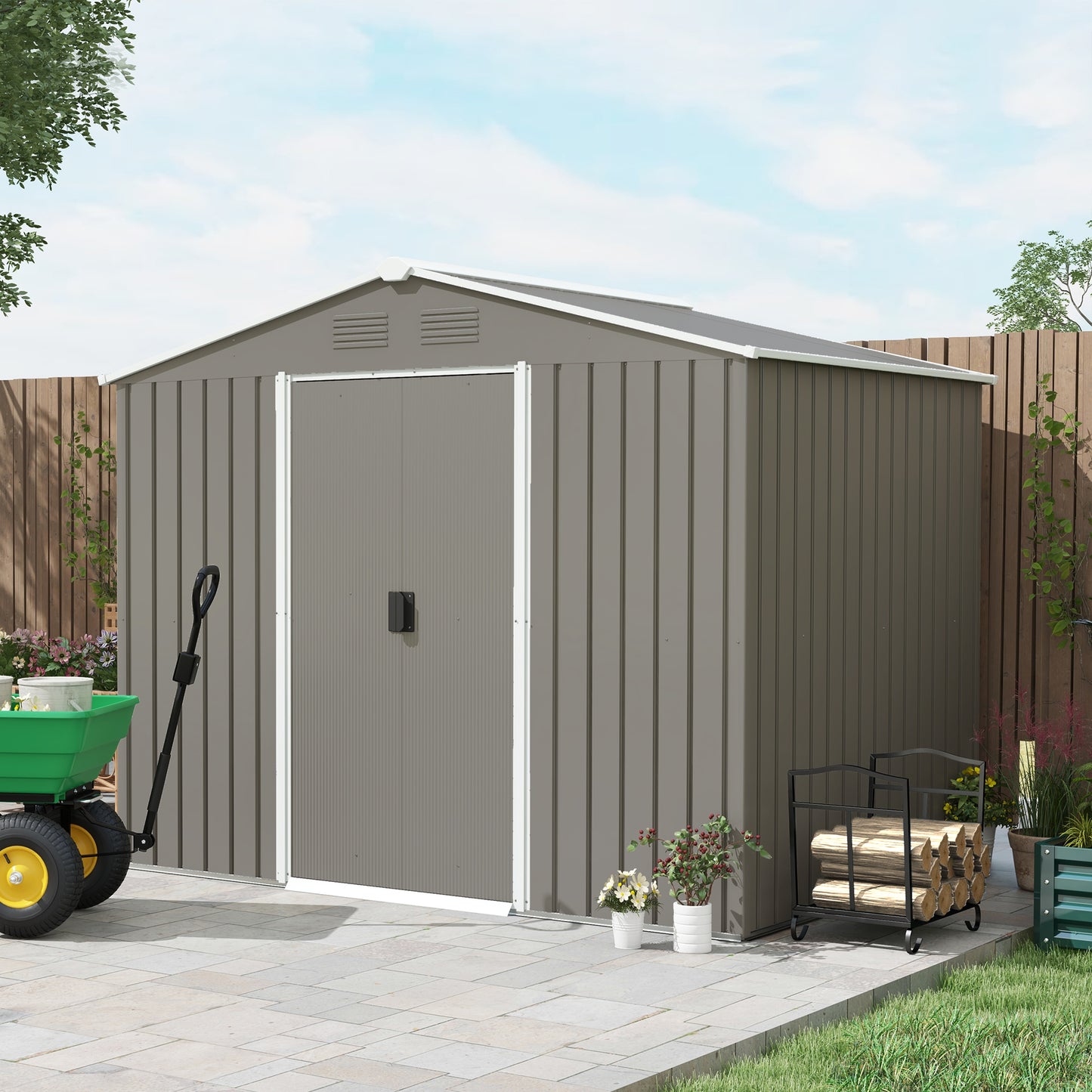 Outsunny Outdoor Metal Garden Storage Shed with Double Sliding Doors and Ventilation - Light Grey, 8x6ft - ALL4U RETAILER LTD