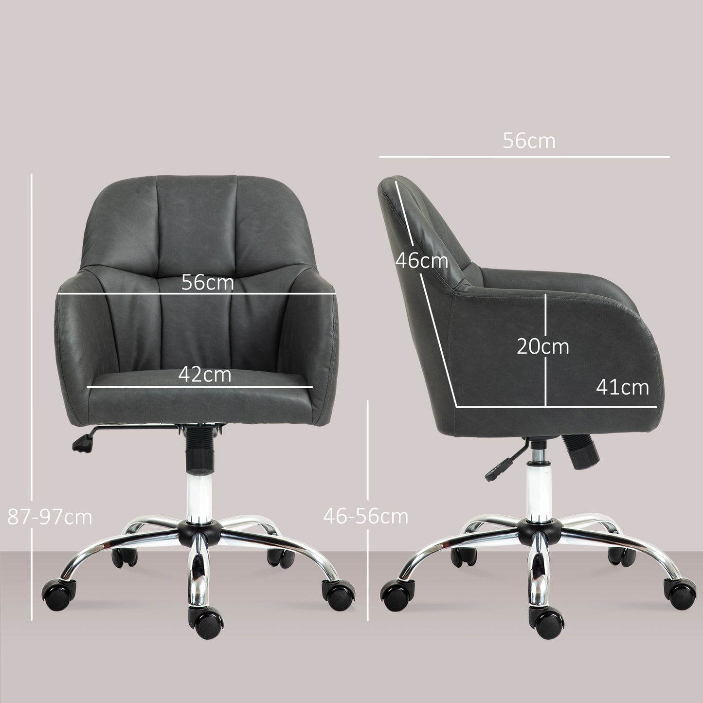 Vinsetto Elegant Grey PU Leather Swivel Office Chair with Adjustable Height and Wheels for Home Study and Makeup Vanity