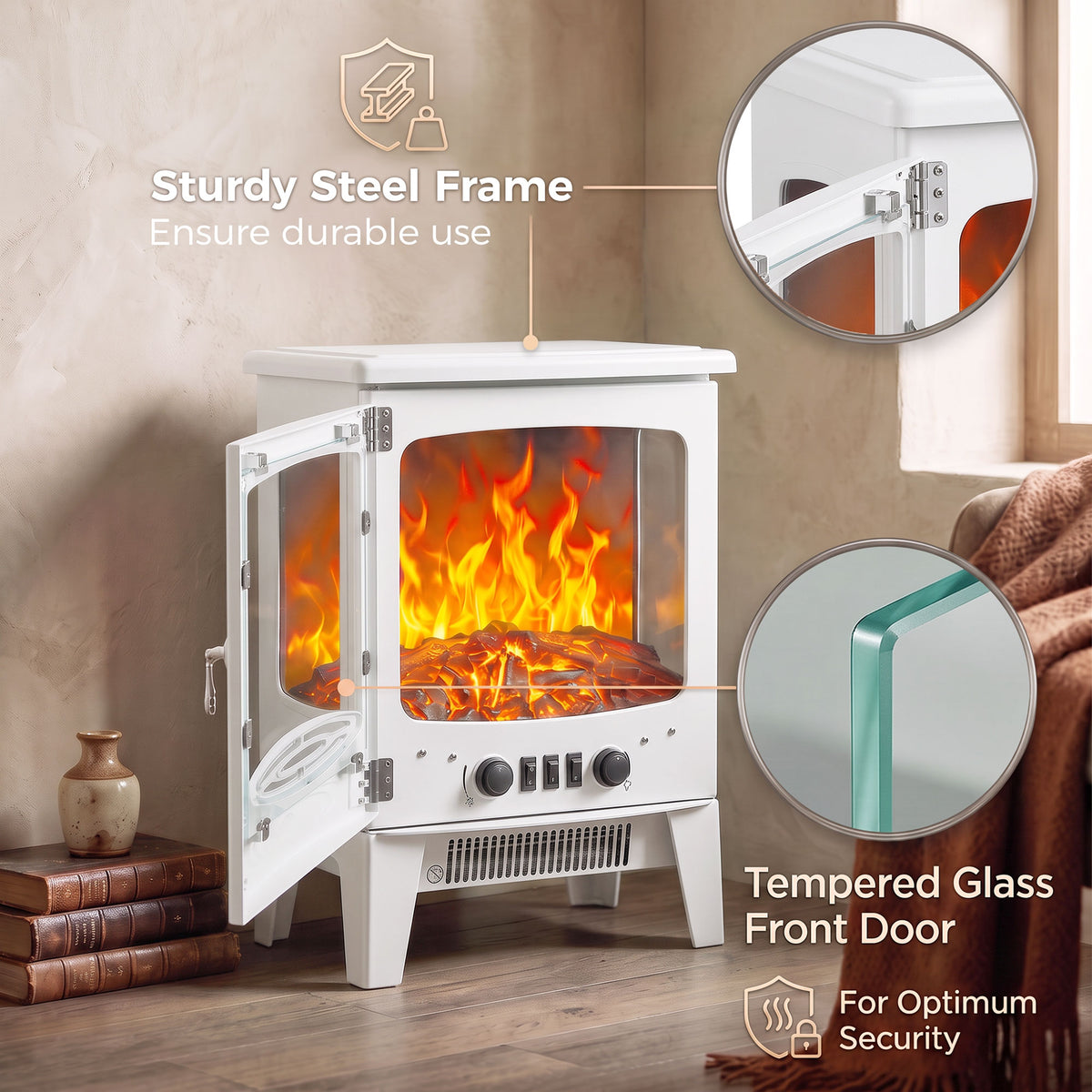 White electric fireplace heater with glass front door, steel frame, and control knobs