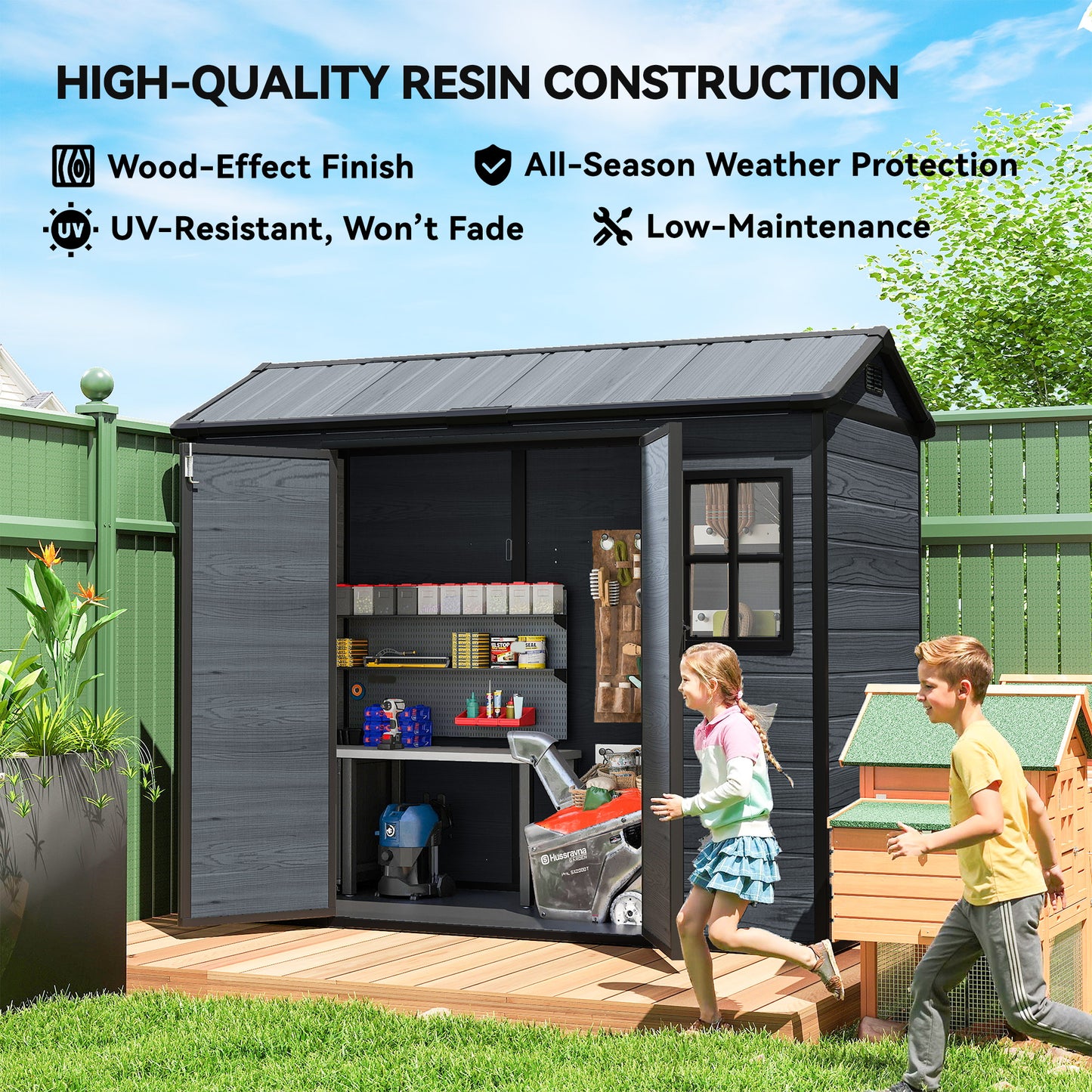 Outsunny 8x4ft Resin Garden Shed Wood Effect Outdoor Storage With Floor Windows Lockable Doors Vents Dark Grey