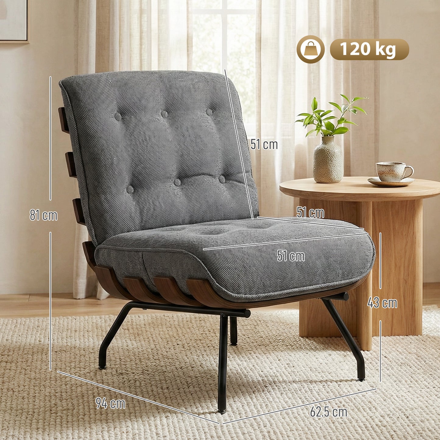 HOMCOM Accent Chair Linen Look Fabric Reading Chair With Pocket Spring Cushions Slatted Support Steel Frame Dark Grey