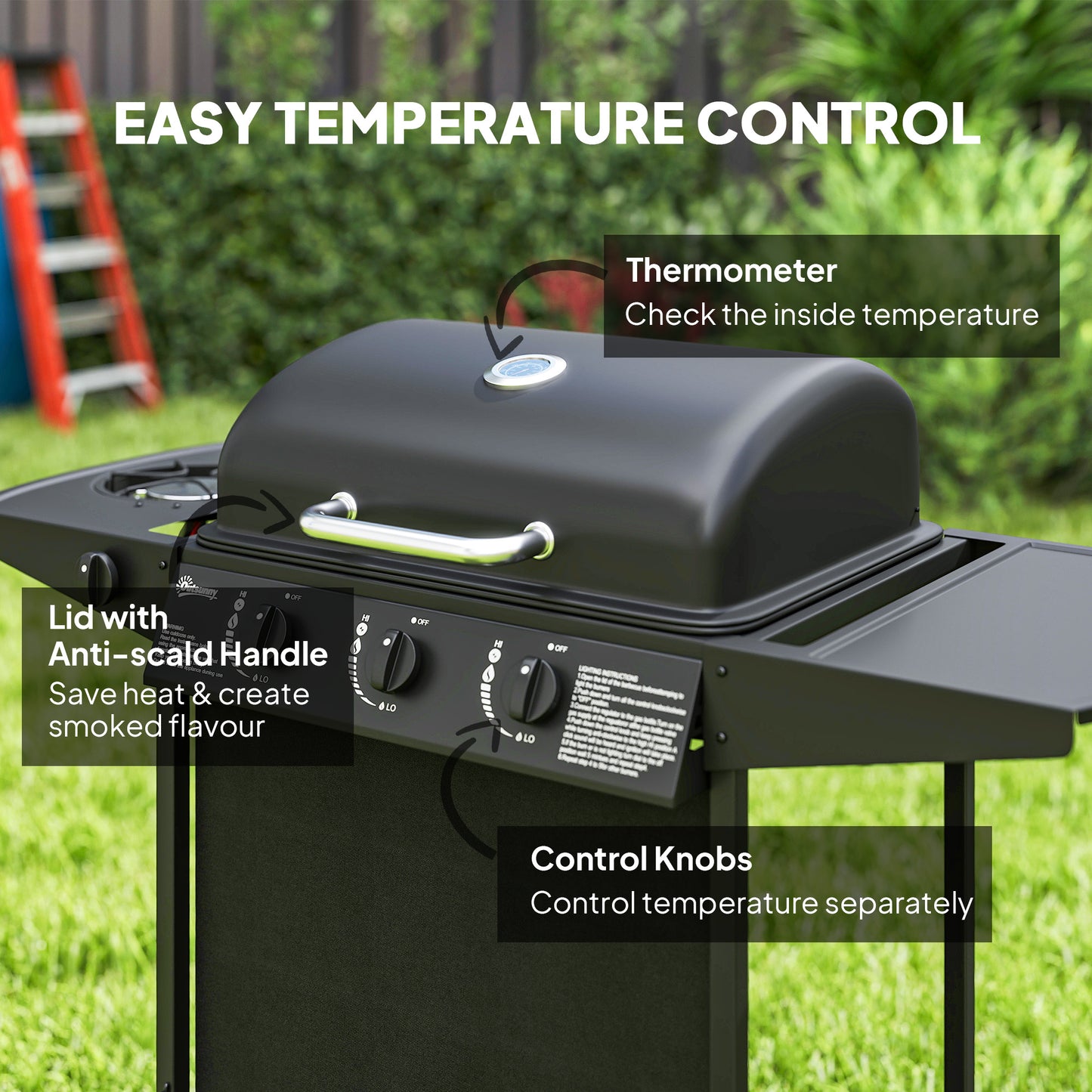 Outsunny Four Burner Gas Grill BBQ With Side Burner Warming Rack 1776 Cm2 Grilling Area Black