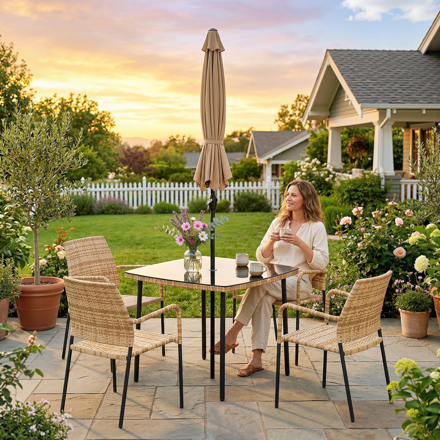 Outsunny 4 Seater Rattan Dining Set With Parasol 6 Piece Garden Table And Stackable Chairs With Tempered Glass Tabletop