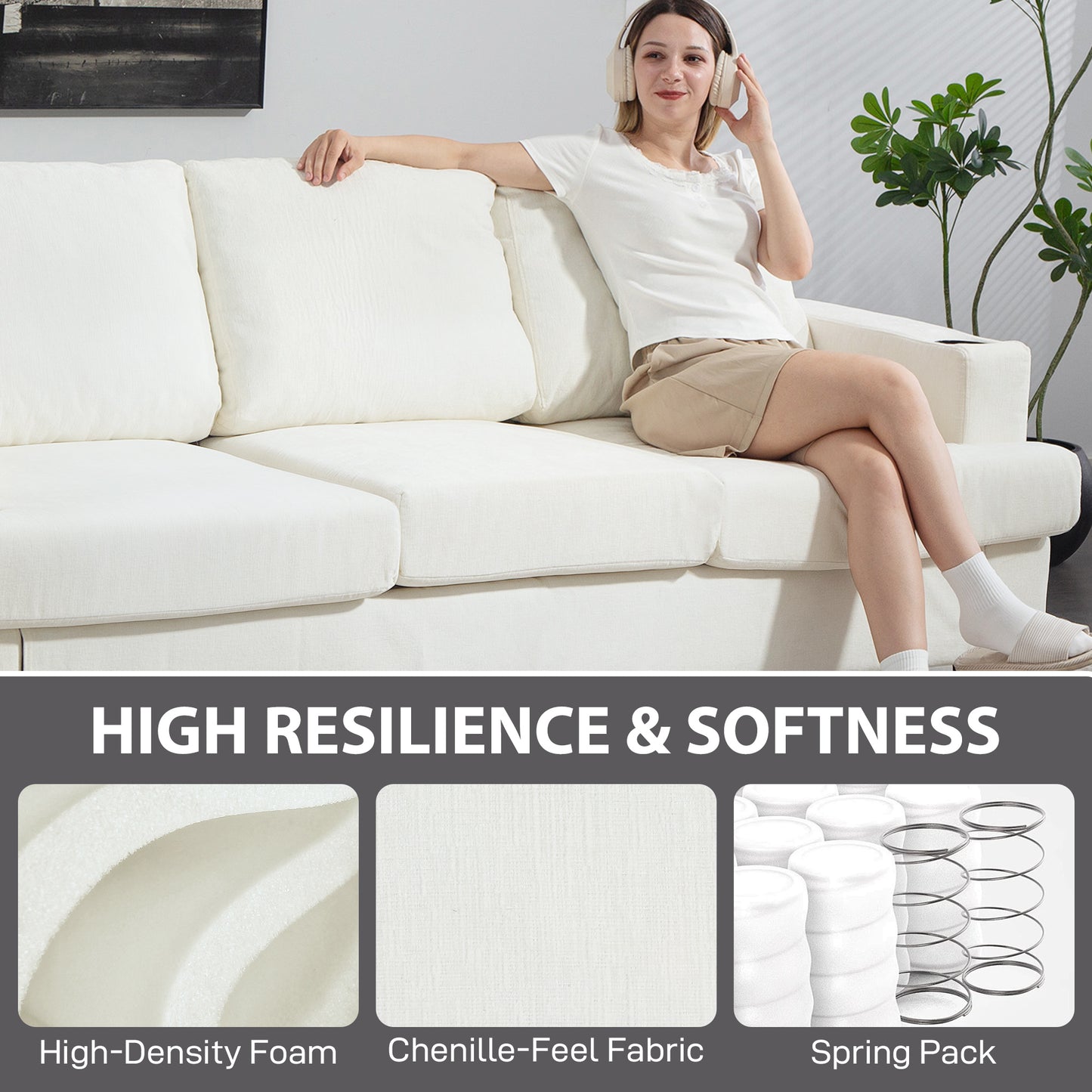 HOMCOM 3 Seater Sofa With USB Ports And Cup Holders Cream White Upholstered In Plush Chenille Fabric