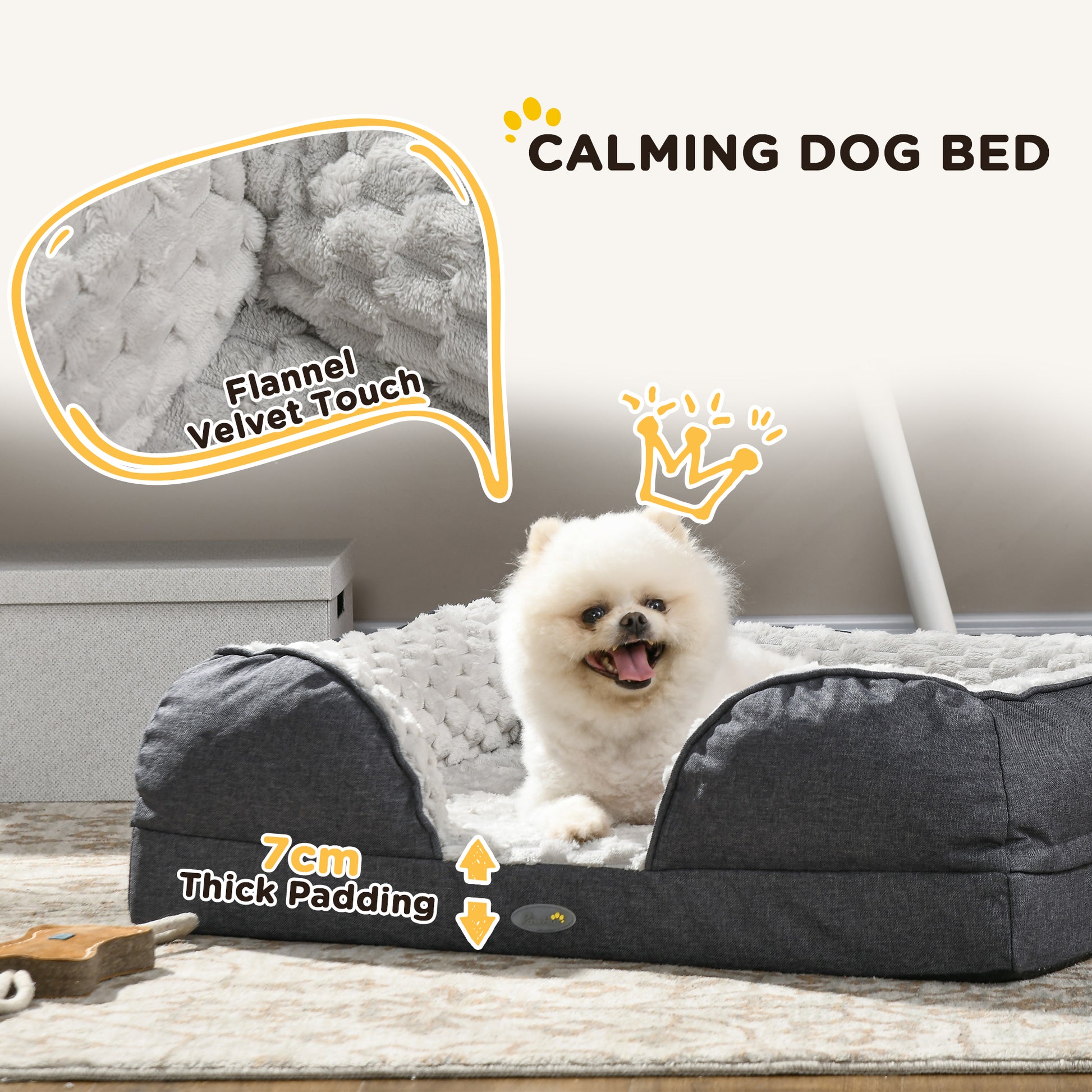 PawHut Cozy Charcoal Grey Dog Bed with Removable Cover, Anti-Slip Base for Small Pets - 70L x 50W x 18Hcm - ALL4U RETAILER LTD