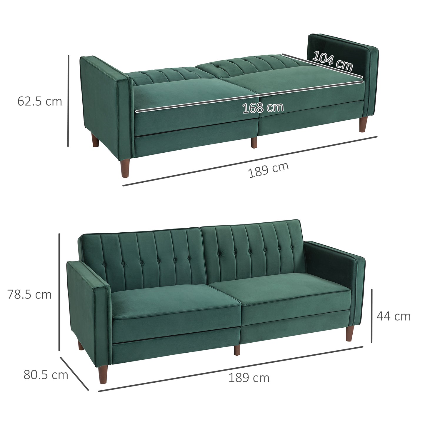 HOMCOM Velvet Feel Three Seater Sofa Bed Green With Thick Cushions For Day And Night Comfort