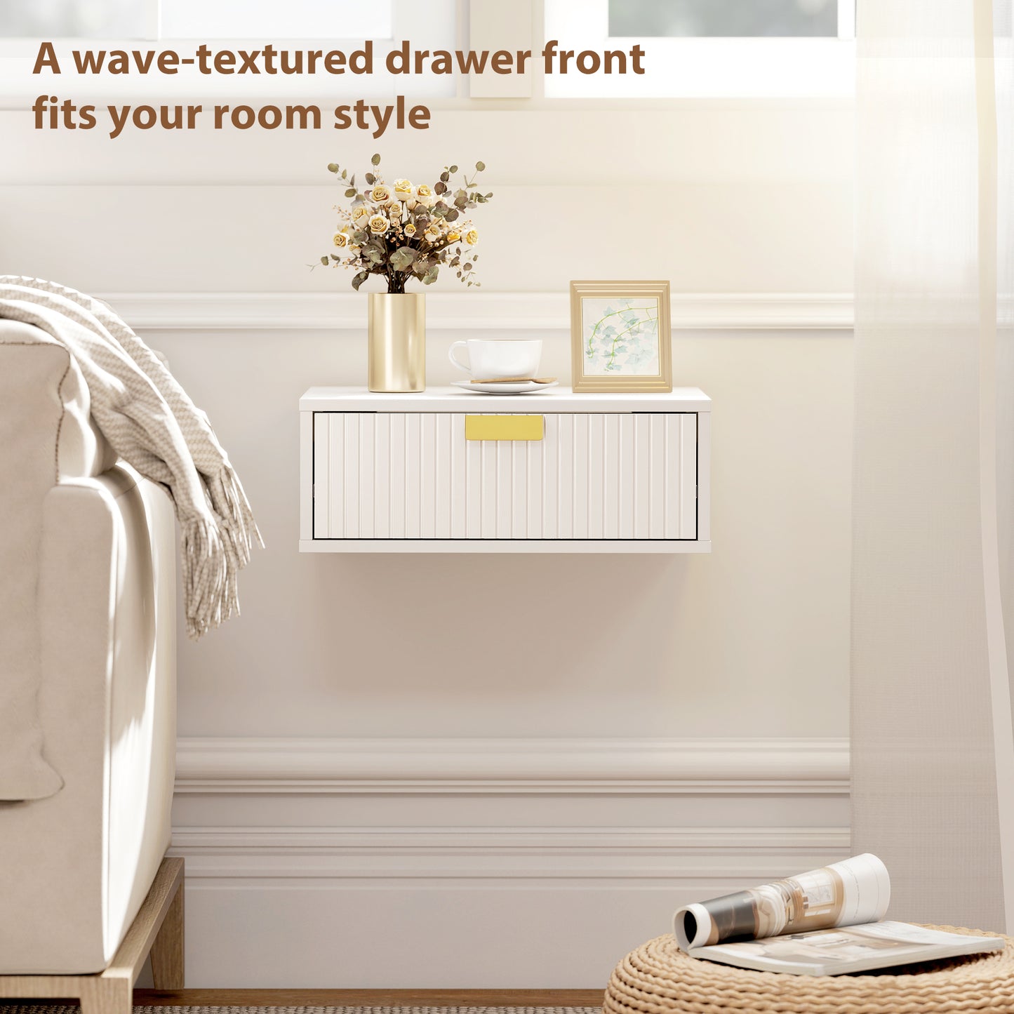 HOMCOM Floating Nightstands Set of 2 Wall Mounted Bedside Tables With Wave Drawer White Finish