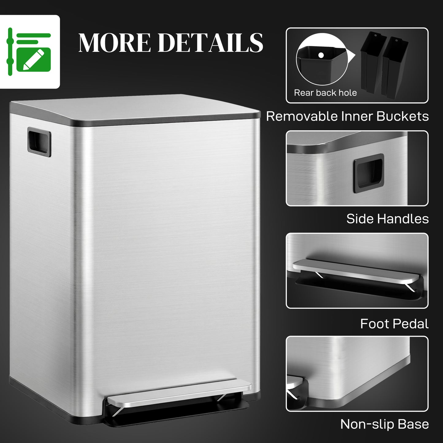 HOMCOM 60L Dual Compartment Stainless Steel Bin With Deodoriser Holders Silver Tone