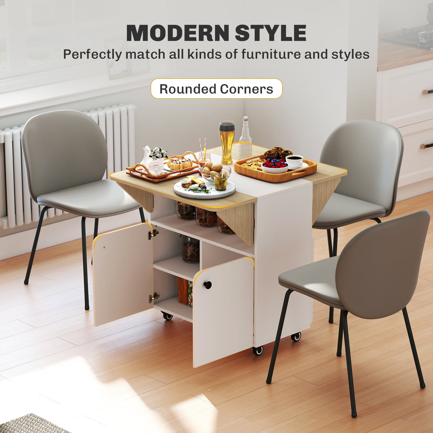HOMCOM Folding Dining Table With Rolling Drop Leaf Hidden Shelf And Cabinet For Small Spaces White